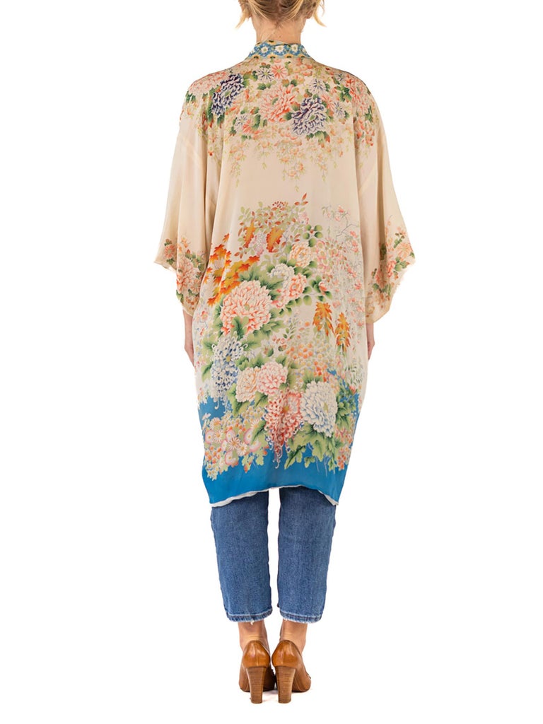 1920S Cream and Blue Silk Lightweight Floral Kimono Dressing Robe For ...