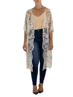 1920S Cream Cotton Hand Made Filet Lace Duster