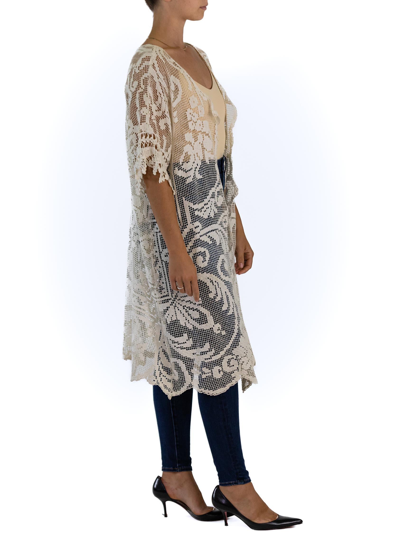 Women's 1920S Cream Cotton Hand Made Filet Lace Duster