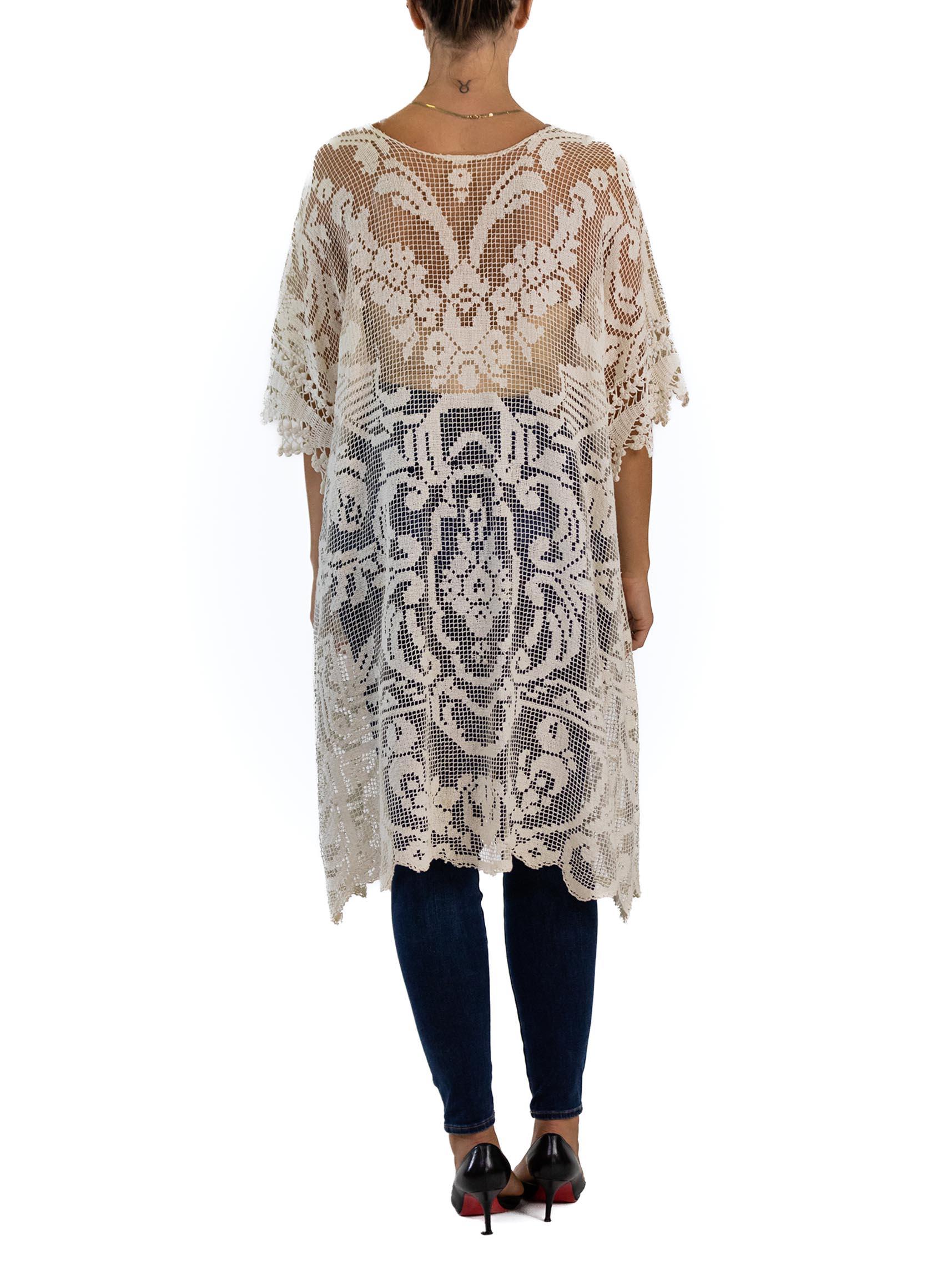 1920S Cream Cotton Hand Made Filet Lace Duster 5