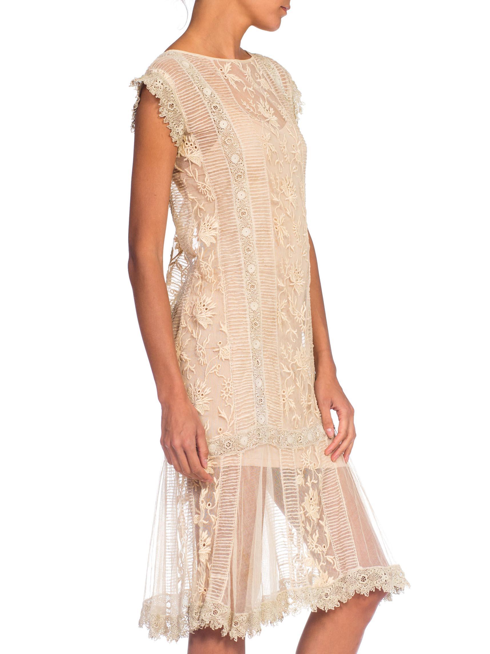 1920S  Cream Embroidered Cotton Net Gatsby Lawn Party Dress With Handmade Irish Crochet Lace
