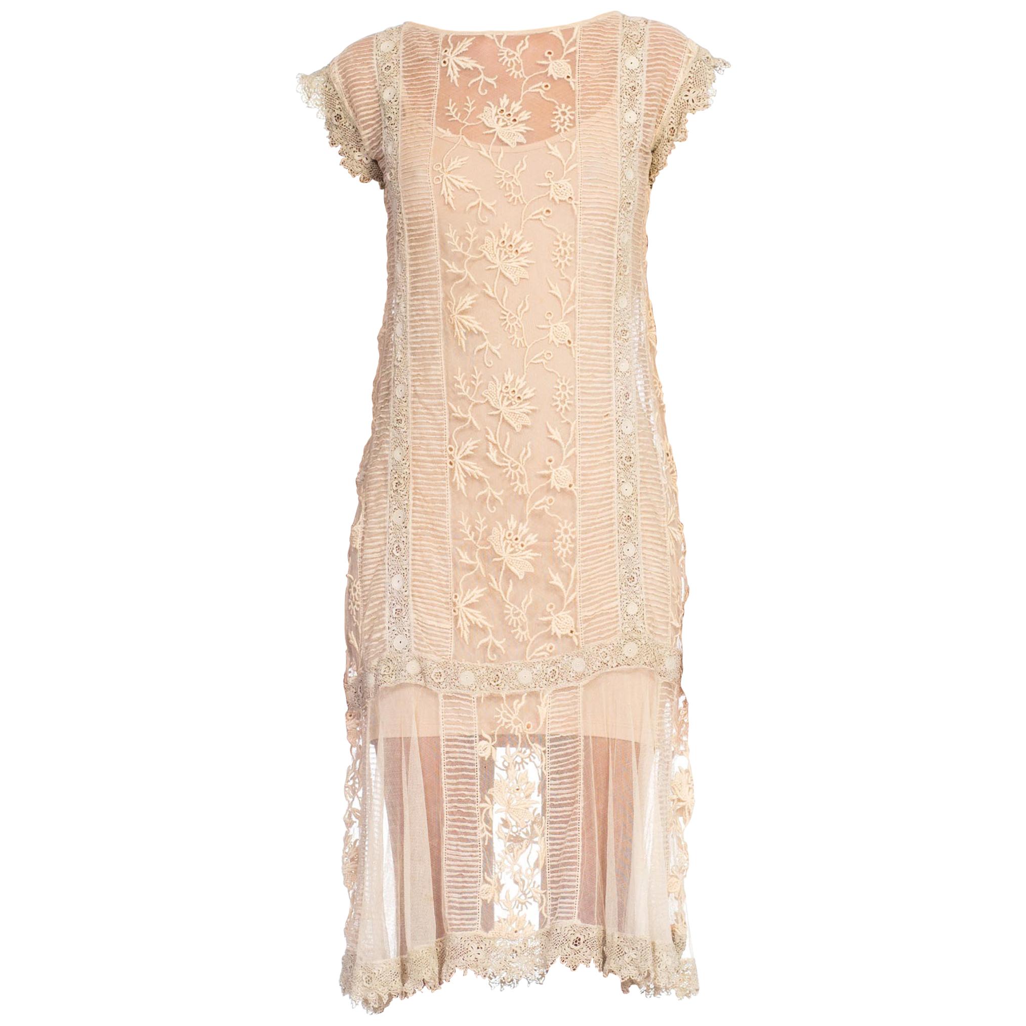 1920S  Cream Embroidered Cotton Net Gatsby Lawn Party Dress With Handmade Irish For Sale