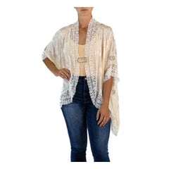 1920S Cream Floral Silk Jacquard Bed Jacket With Antique Lace