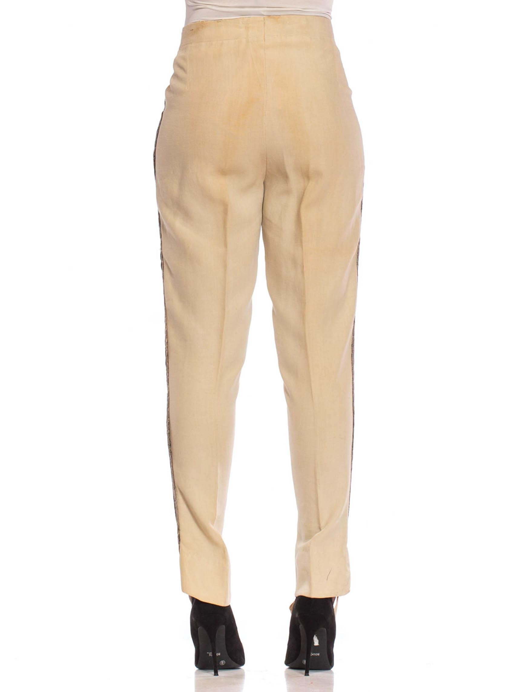 Beige 1920S Cream Linen Men's Victorian Cavalry Military Style Pants