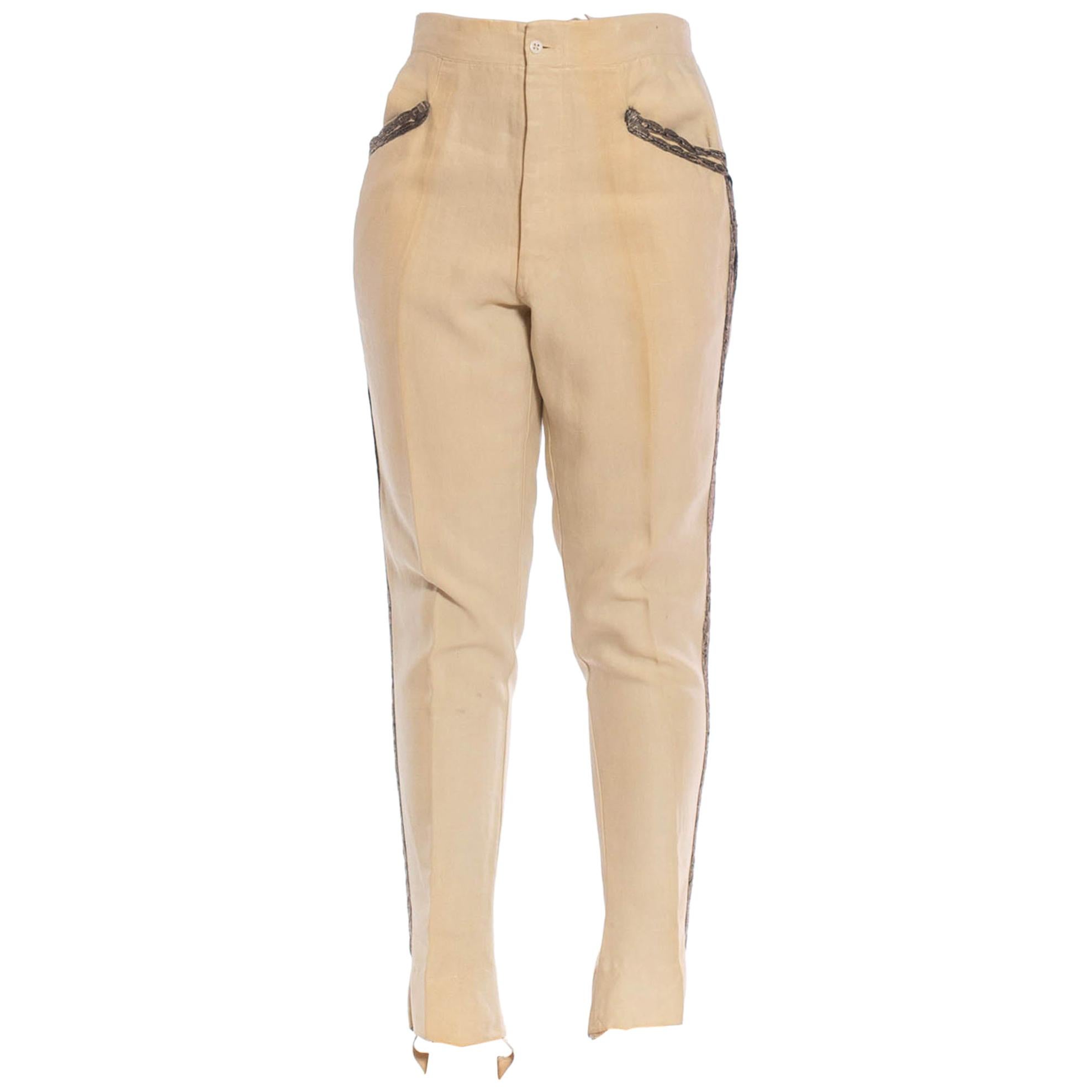 1920S Cream Linen Men's Victorian Cavalry Military Style Pants