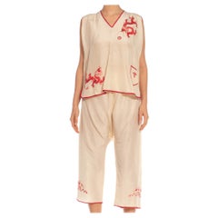 1920S Cream & Red Hand Embroidered Silk Chinese Five-Clawed Dragon And Flaming