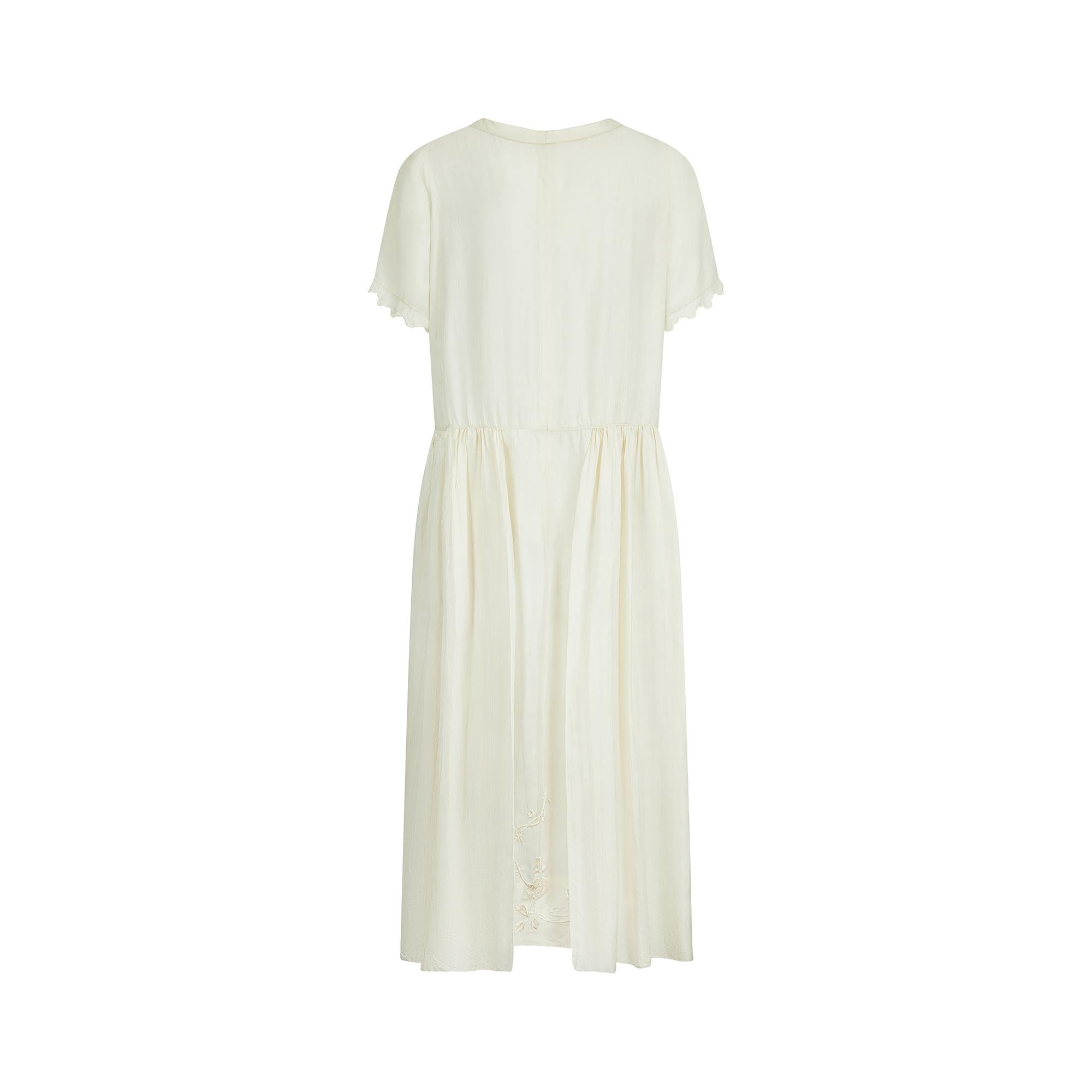 Beige 1920s Cream Silk Apron Embroidered Wedding Dress For Sale
