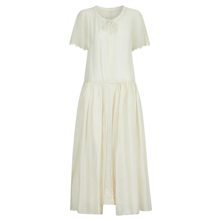 1920s Cream Silk Apron Embroidered Wedding Dress