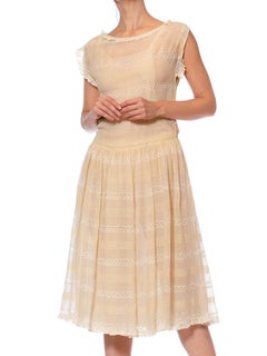 1920S Cream Silk Chiffon & Antique Lace Pintuck Stripe Dress With Little Ruffles