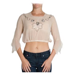 1920S Cream Silk Chiffon Top With Beaded Detail