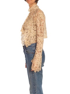 1920S Cream Silk Needle Lace Short Jacket With Long Sleeve