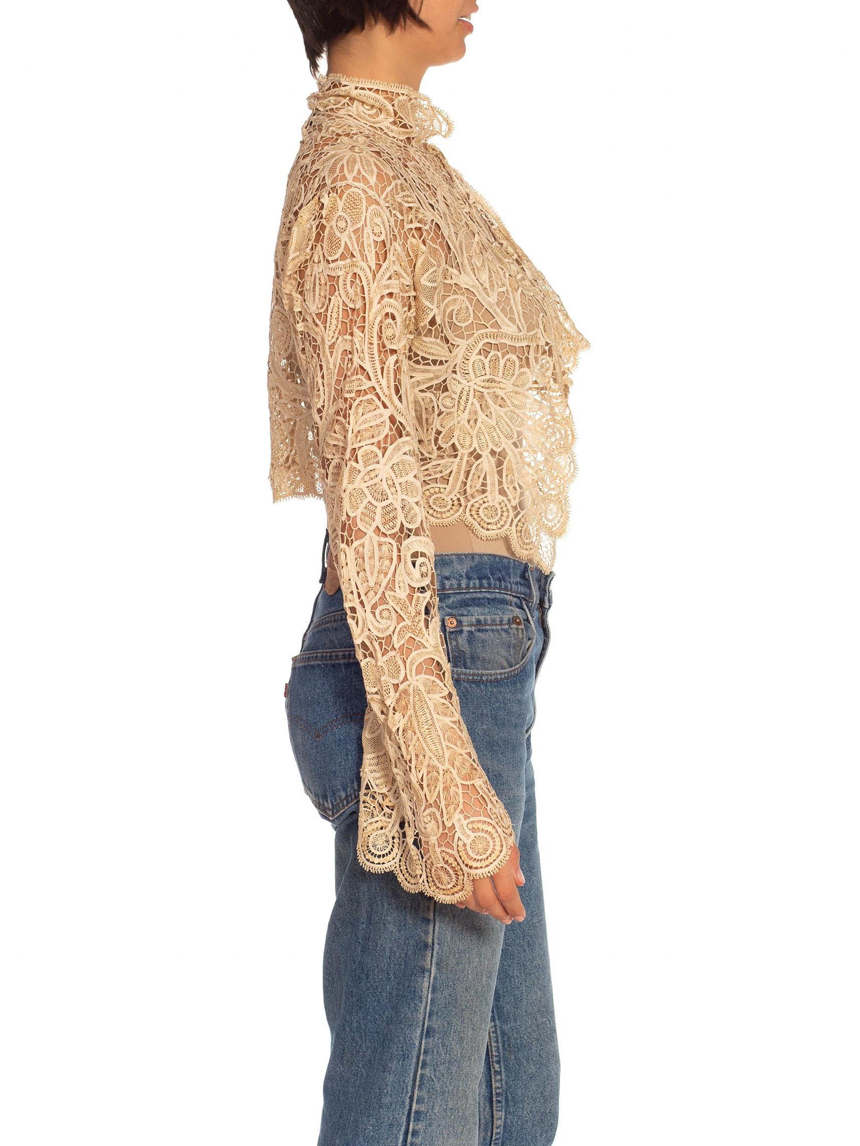 Brown 1920S Cream Silk Needle Lace Short Jacket With Long Sleeve For Sale