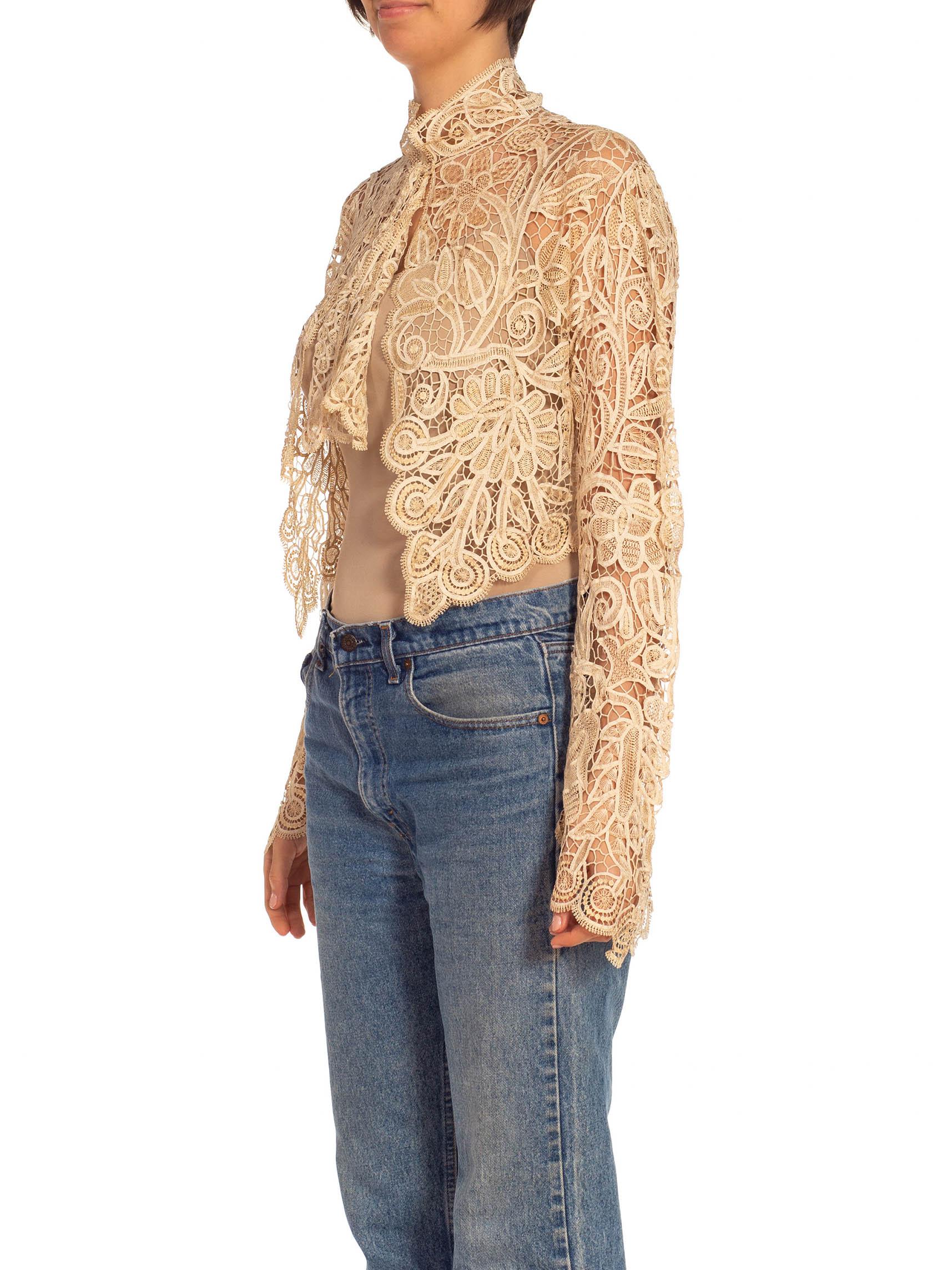 Women's 1920S Cream Silk Needle Lace Short Jacket With Long Sleeve For Sale