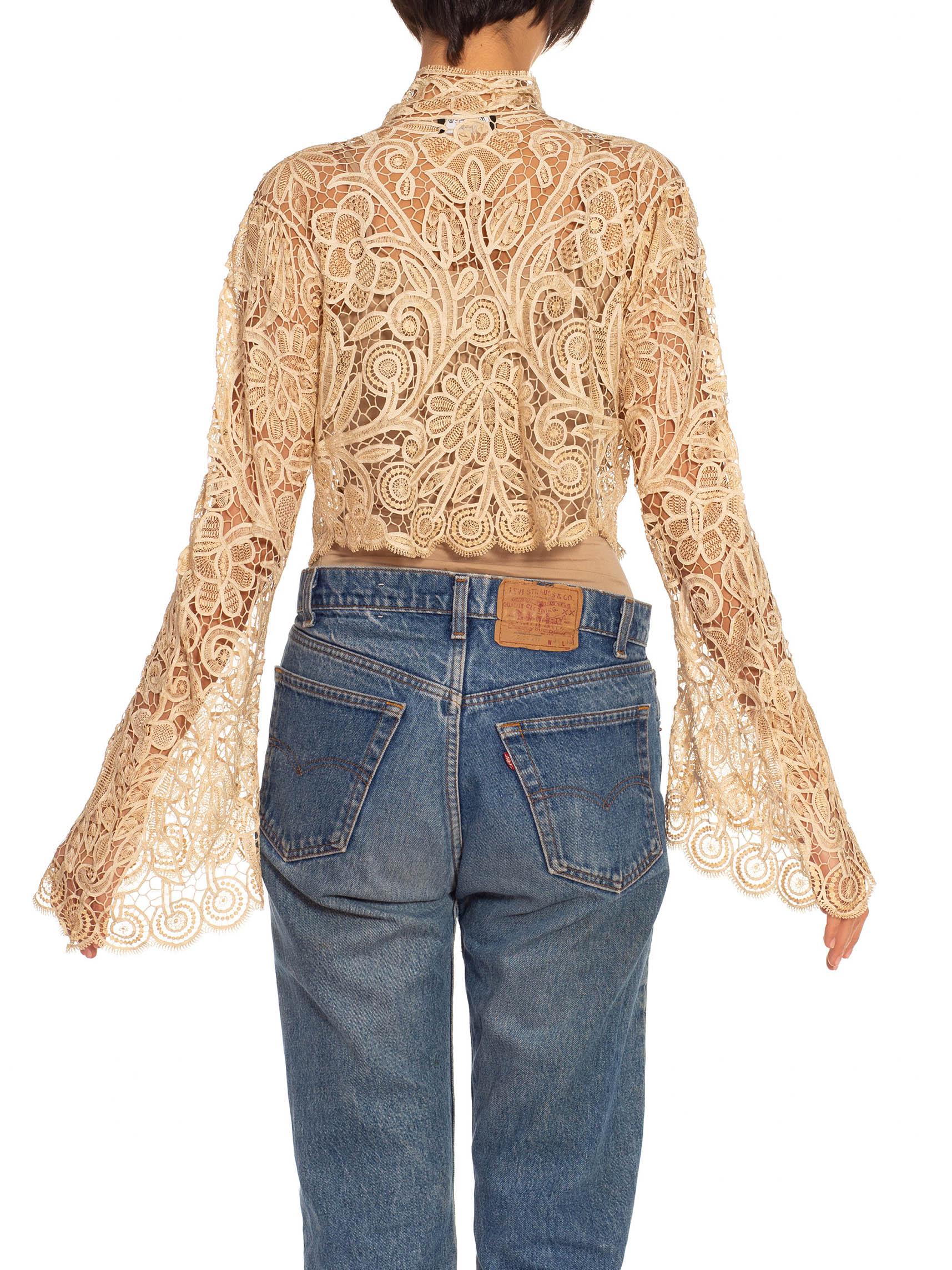 1920S Cream Silk Needle Lace Short Jacket With Long Sleeve For Sale 4
