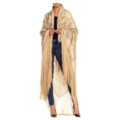 1920S Cream & Silver Silk Lamé Real Floral Piano Shawl