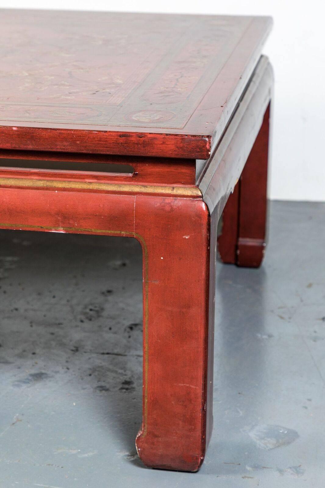 Carved 1920s, Crimson, Chinoiserie Coffee Table