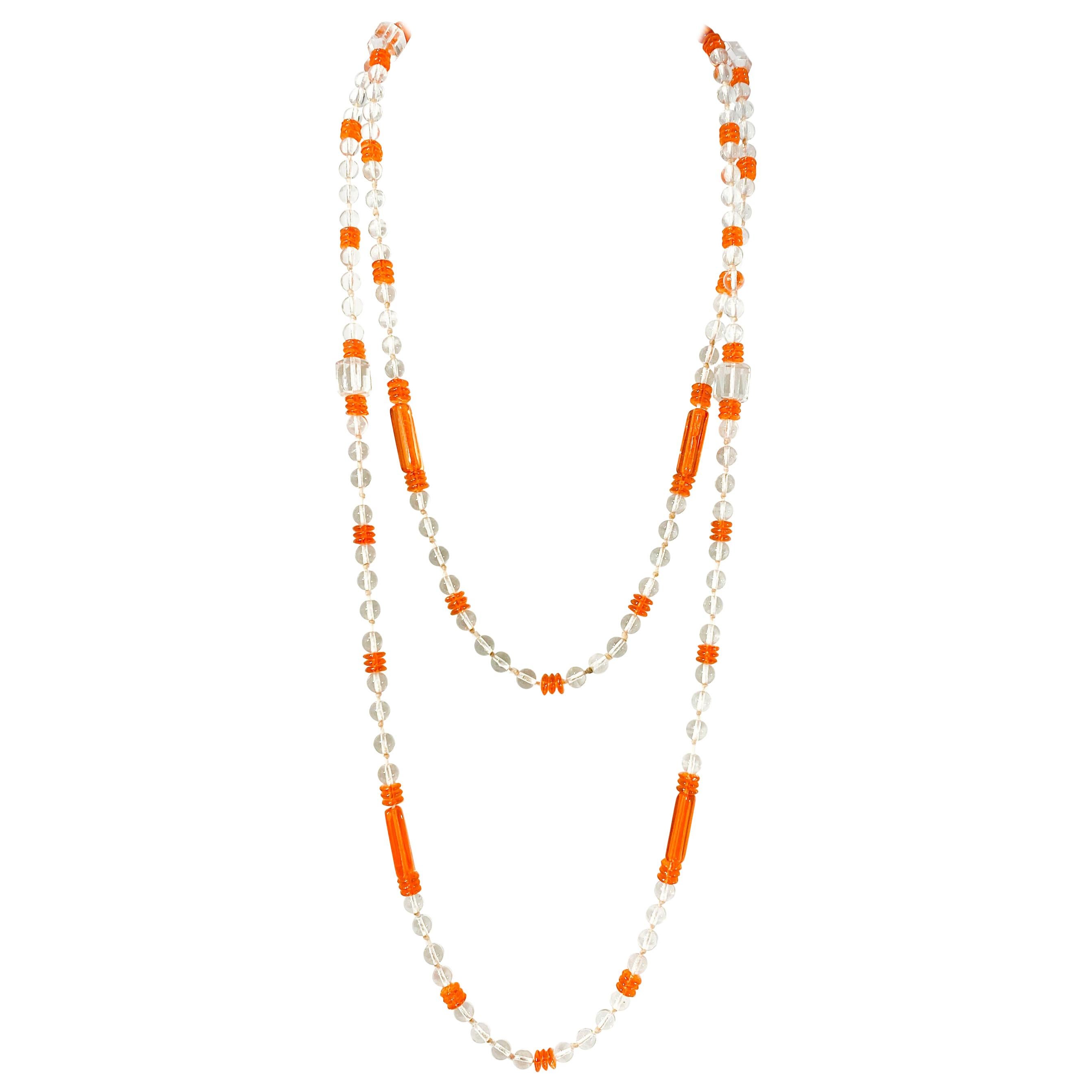 1920s Crystal and Orange Bohemian Glass Beaded Necklace