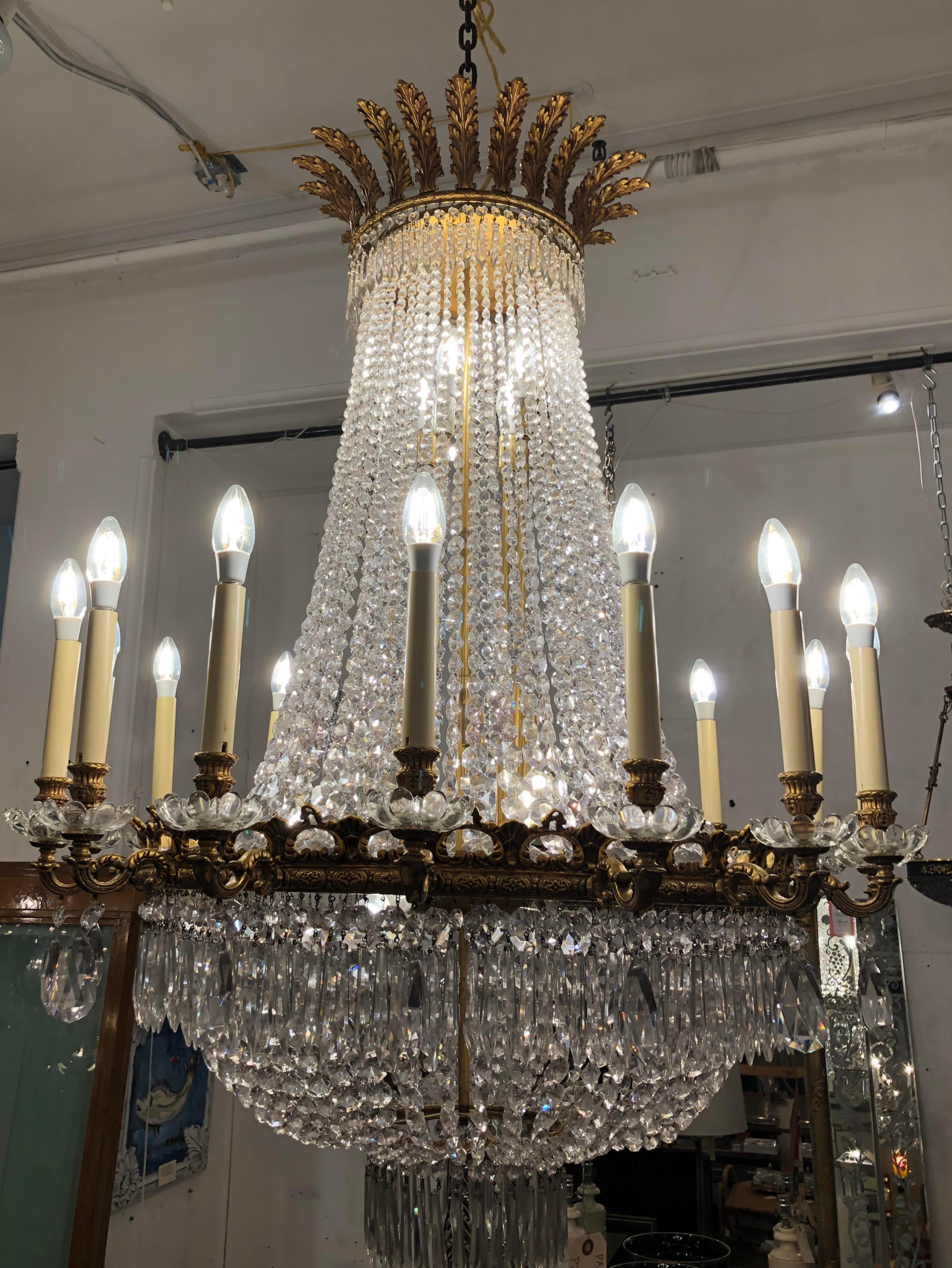 1920s Crystal Bronze Empire Chandelier NYC Palace Hotel Lobby 2