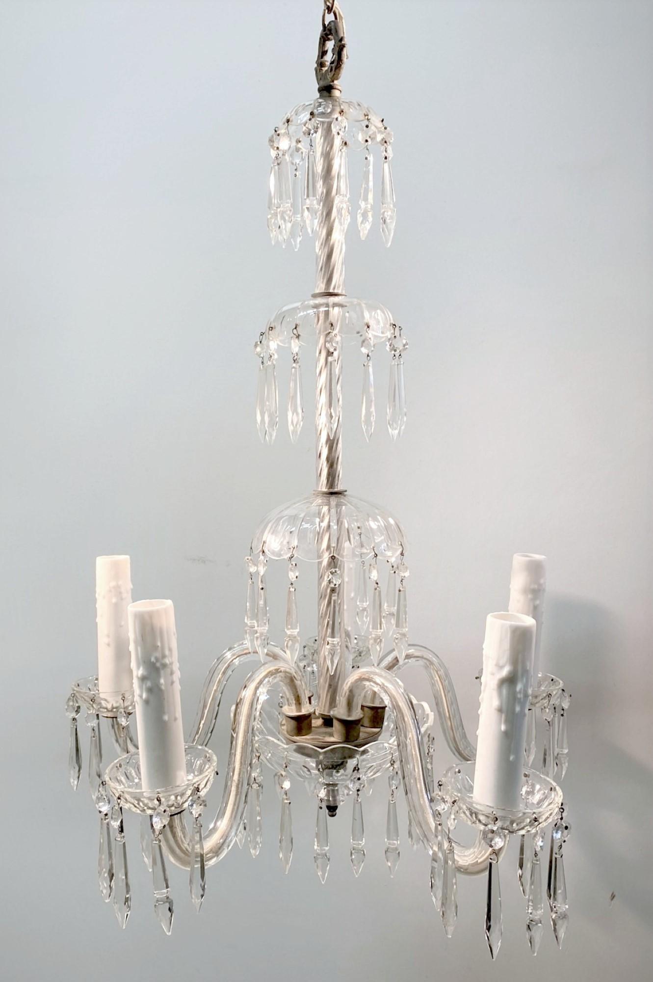 1920s Crystal Chandelier with 5 Arms and Long Crystals In Good Condition For Sale In New York, NY