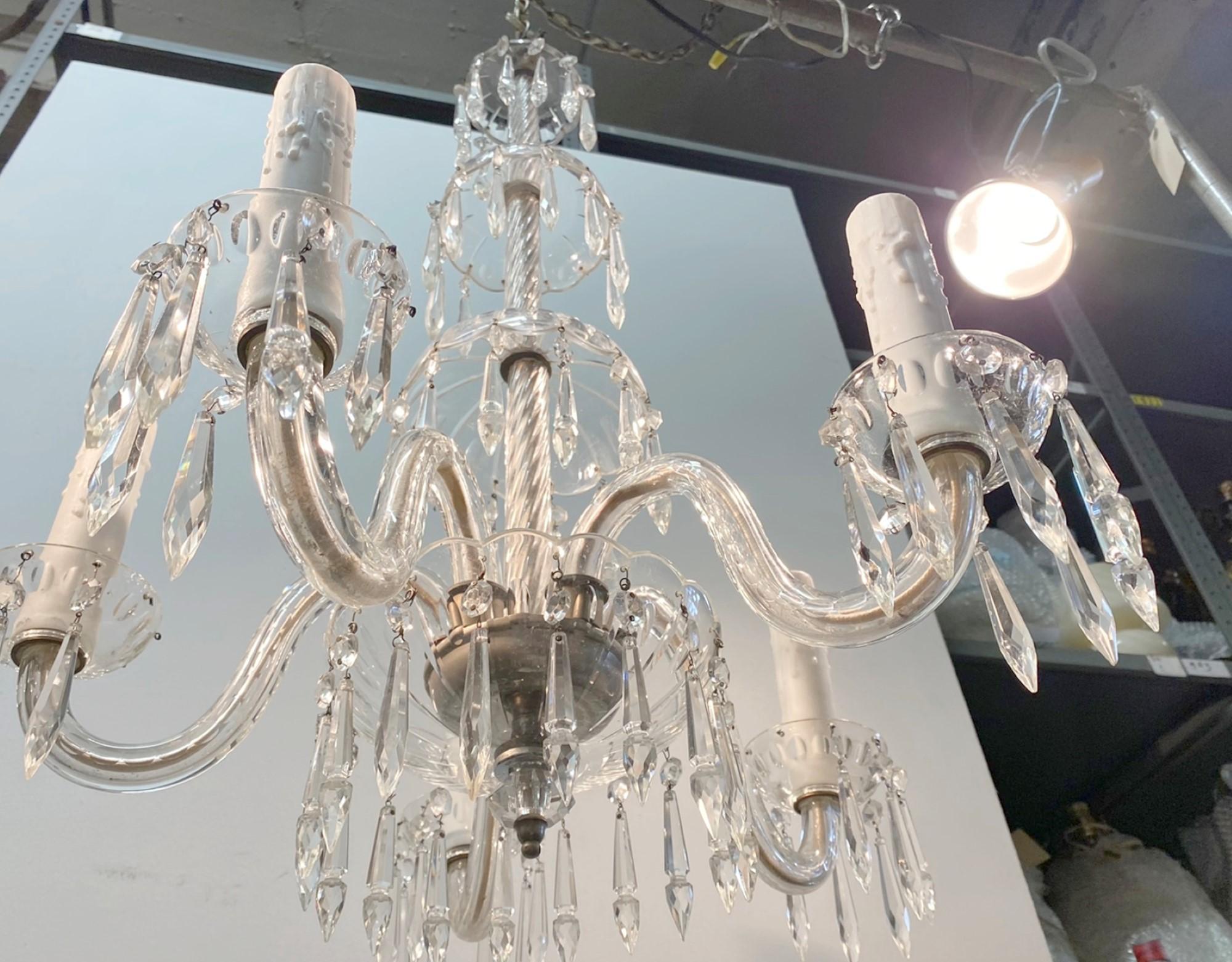 1920s Crystal Chandelier with 5 Arms and Long Crystals For Sale 2