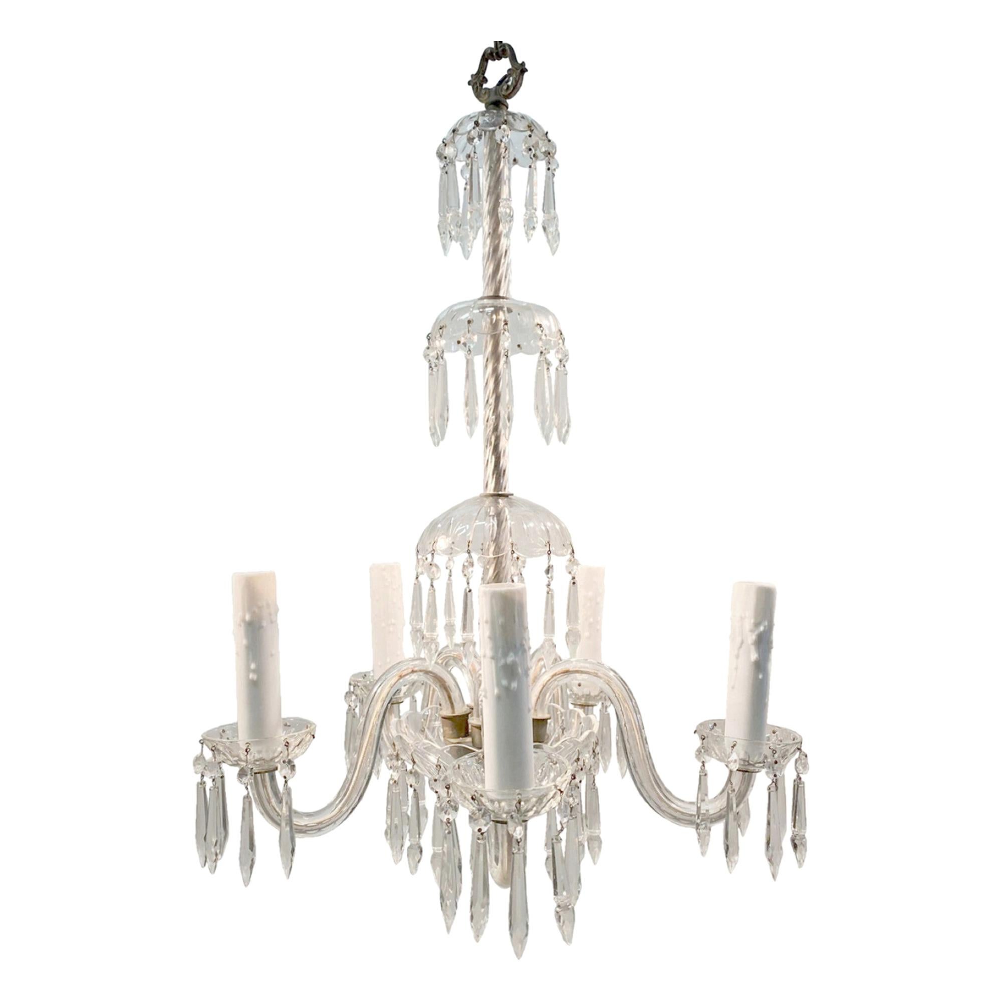 1920s Crystal Chandelier with 5 Arms and Long Crystals For Sale