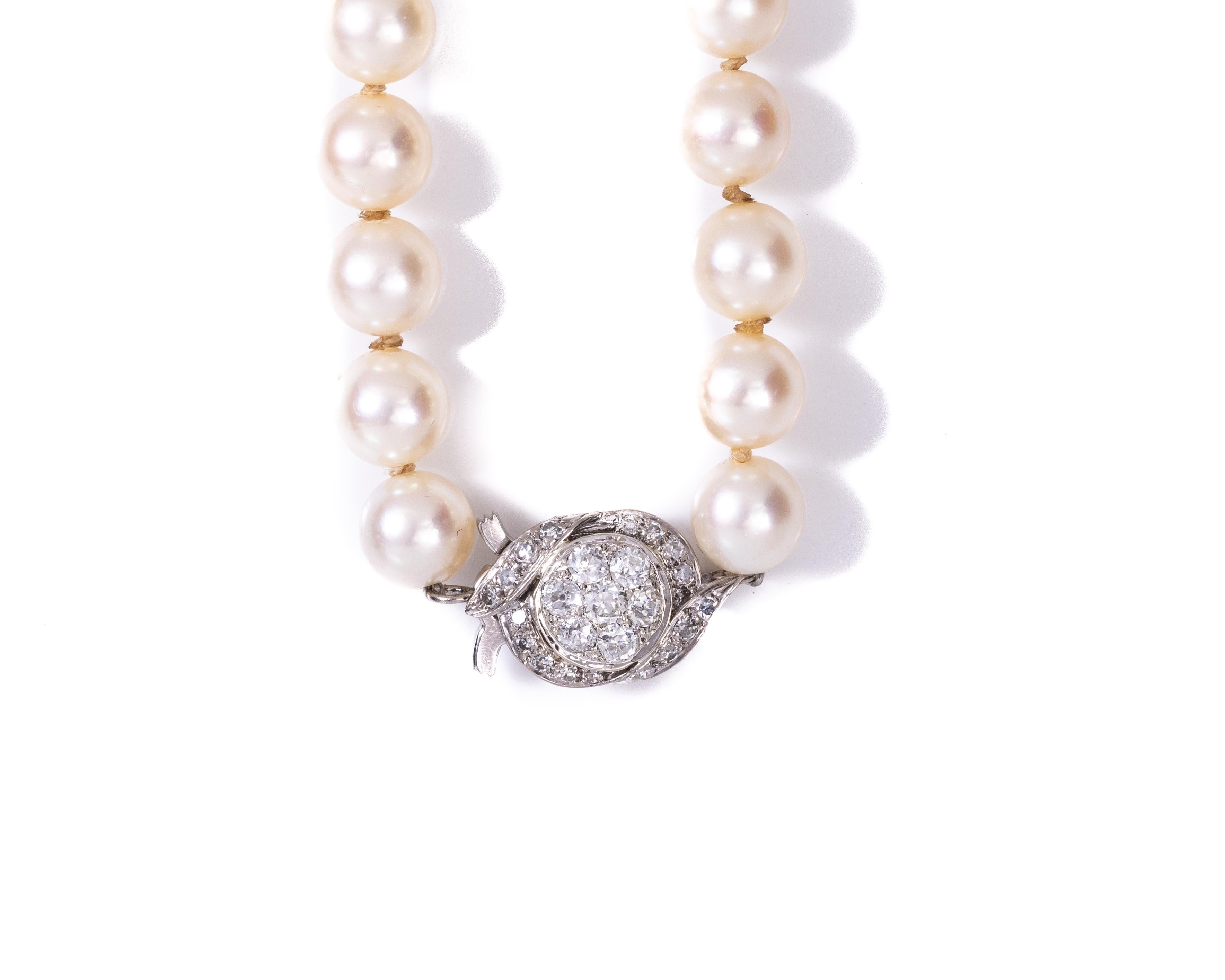 Art Deco 1920s Cultured Pearl Necklace with Diamond Clasp