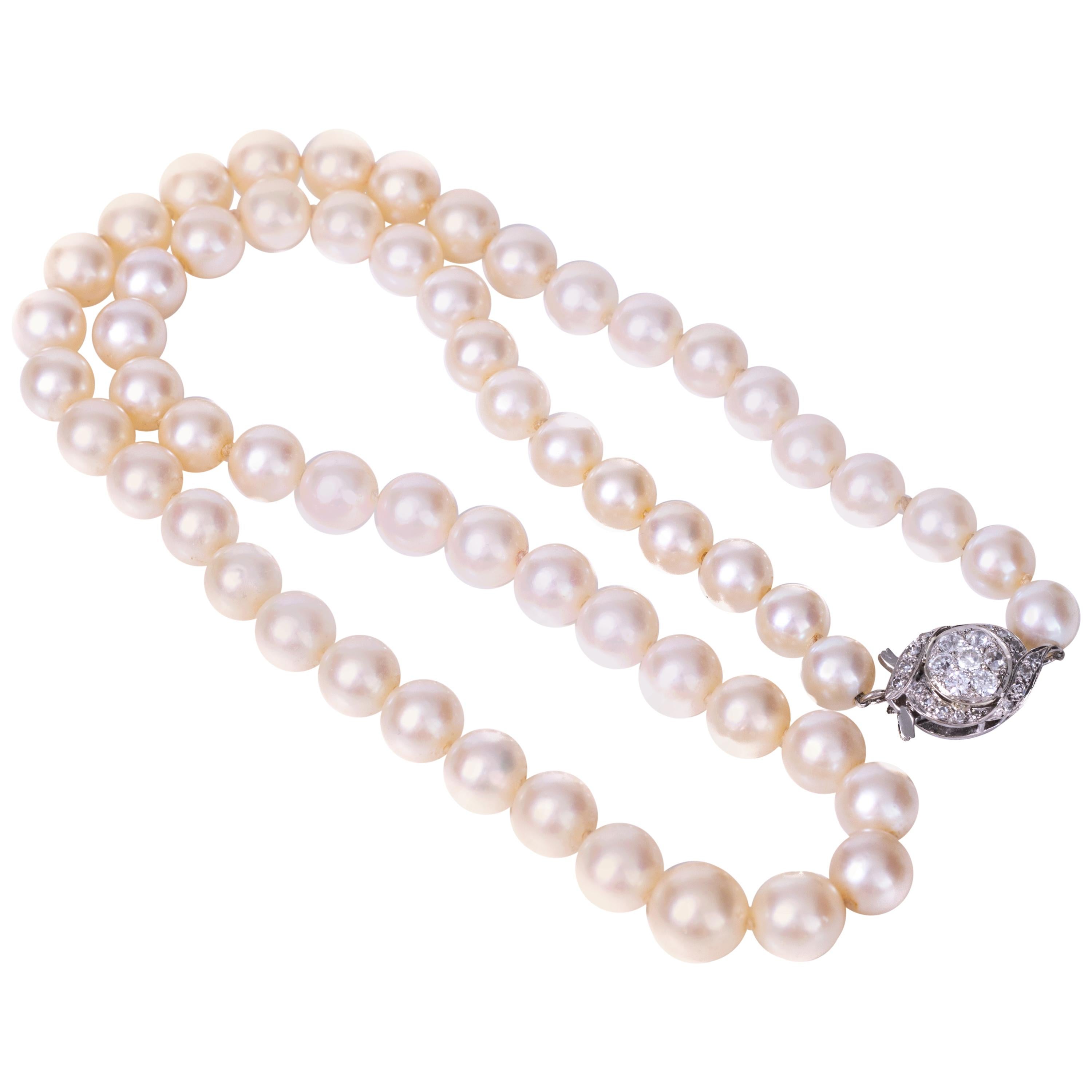 1920s Cultured Pearl Necklace with Diamond Clasp
