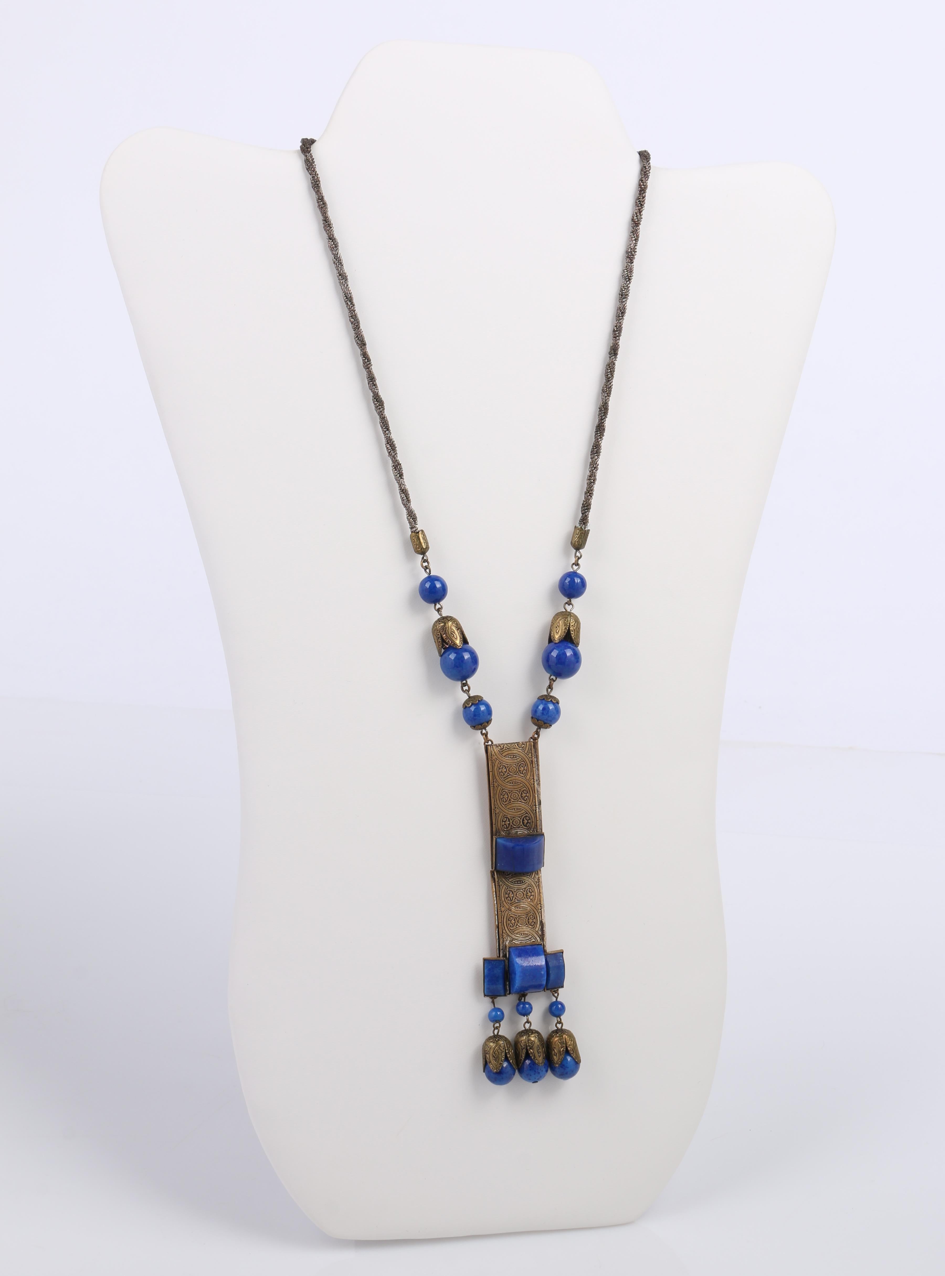 1920s Czech Art Deco Blue Lapis Glass Etched Brass Sautoir Pendant Necklace In Good Condition In Thiensville, WI