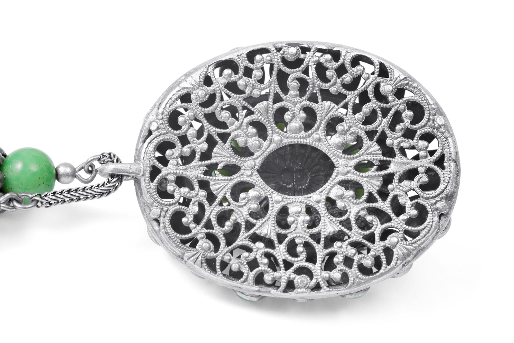 Women's 1920s Czech Art Nouveau Silver Peking Glass Pendant Necklace For Sale
