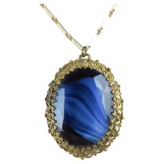 Antique 1920s Czechoslovakian Blue Glass and Brass Filigree Pendant