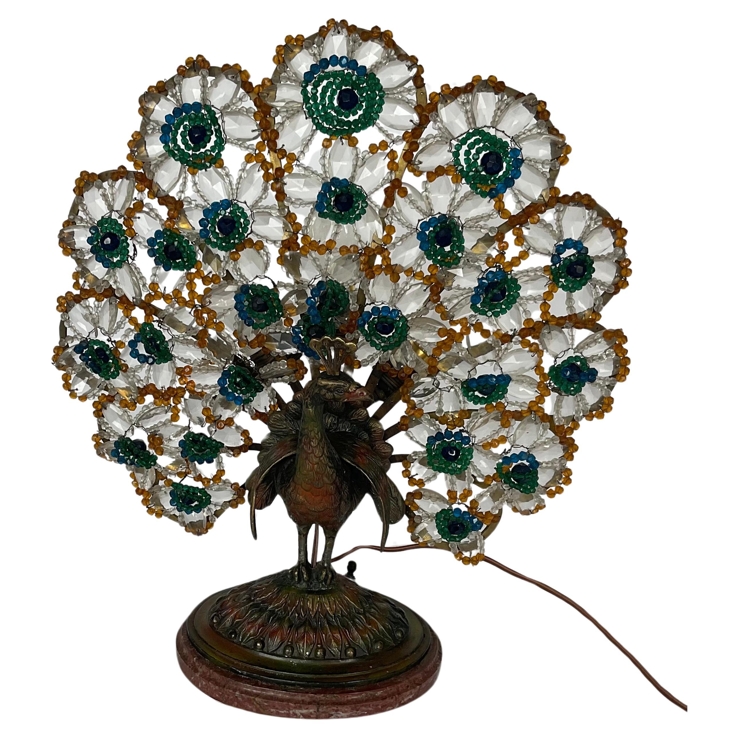 1920s Czechoslovakian Peacock Beaded Lamp LARGE Size three bulb on Marble base. Spectacular example. 