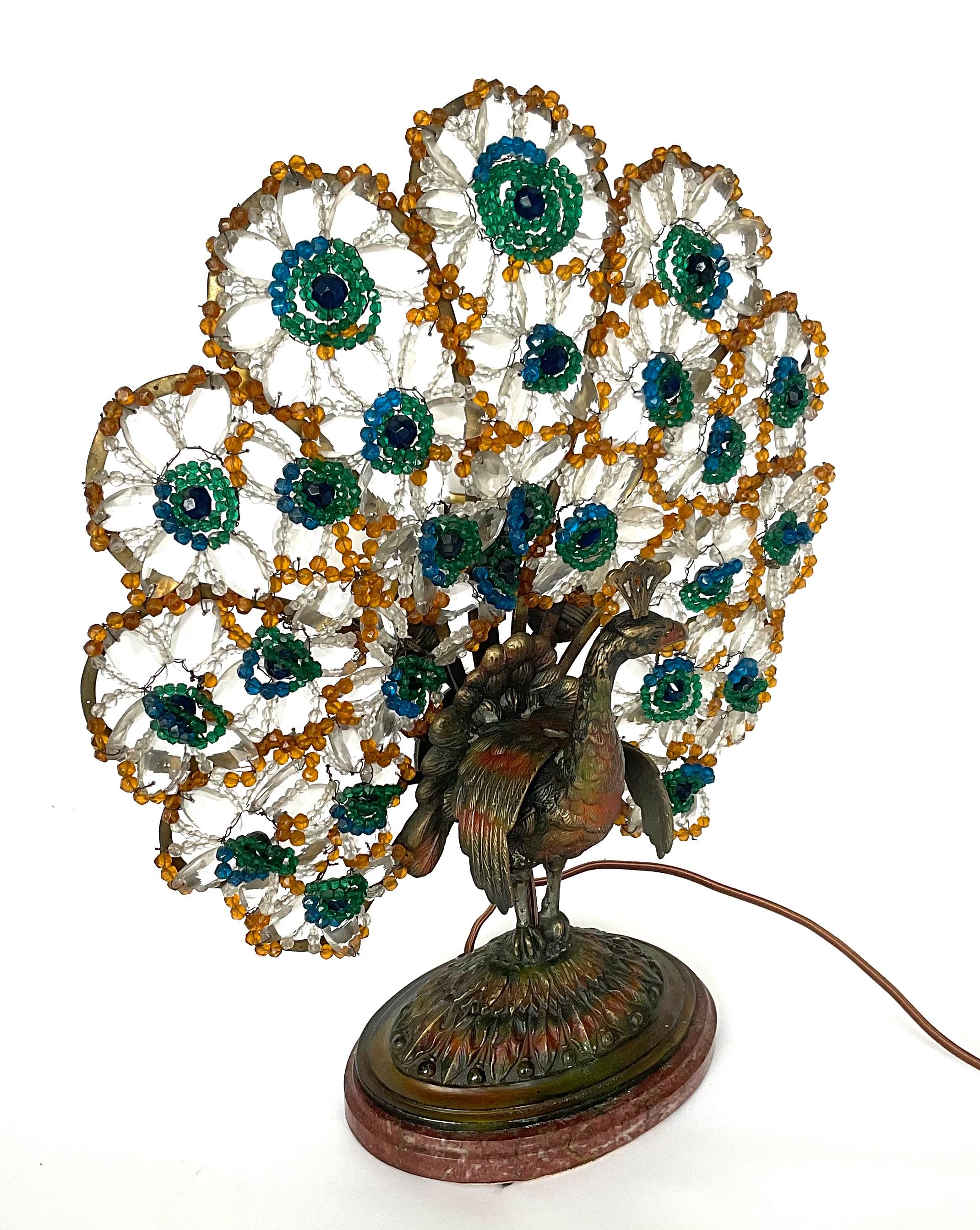 Art Deco 1920s Czechoslovakian Peacock Beaded Lamp LARGE Size three bulb on Marble base 