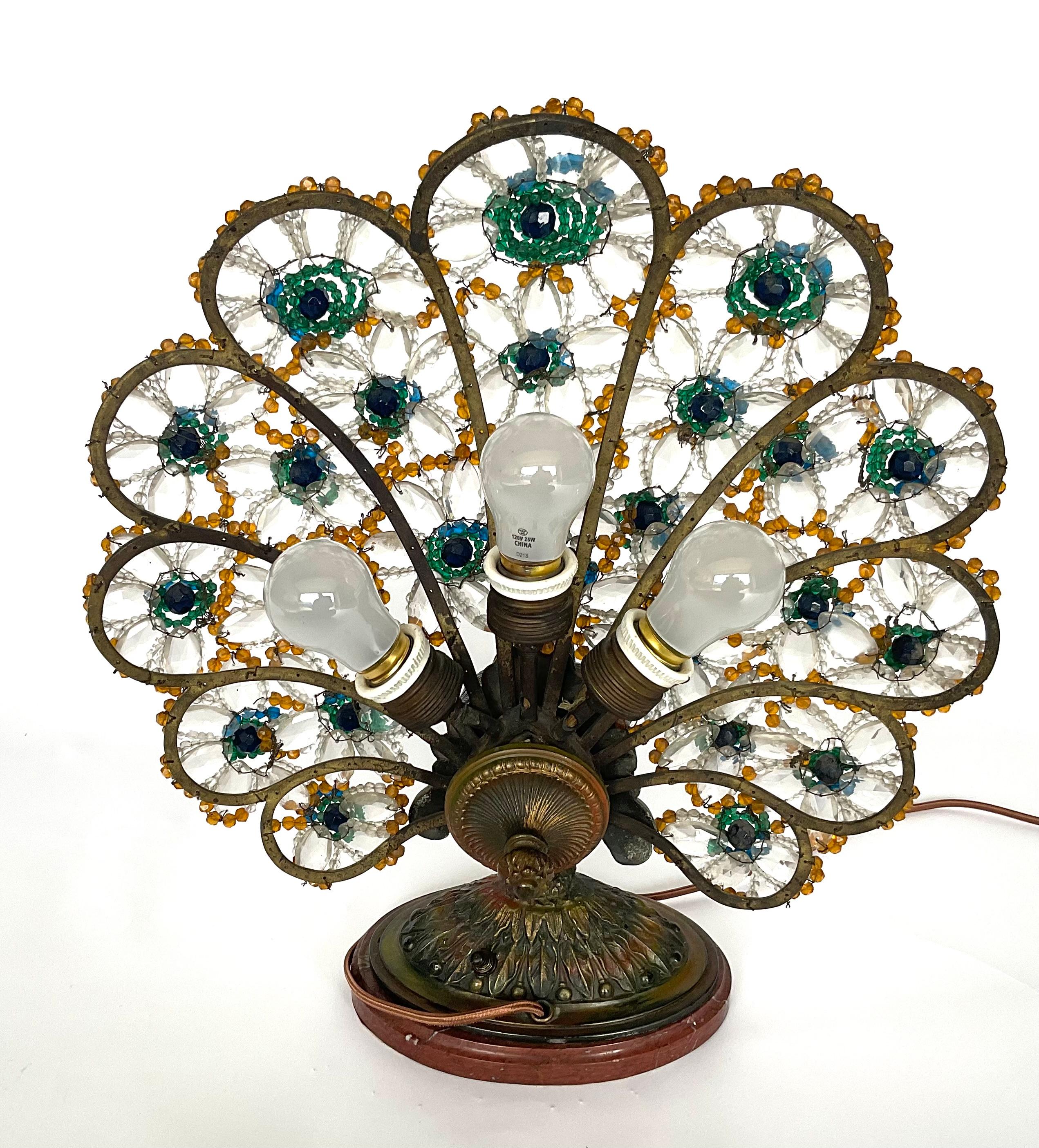 1920s Czechoslovakian Peacock Beaded Lamp LARGE Size three bulb on Marble base  In Good Condition In Ann Arbor, MI