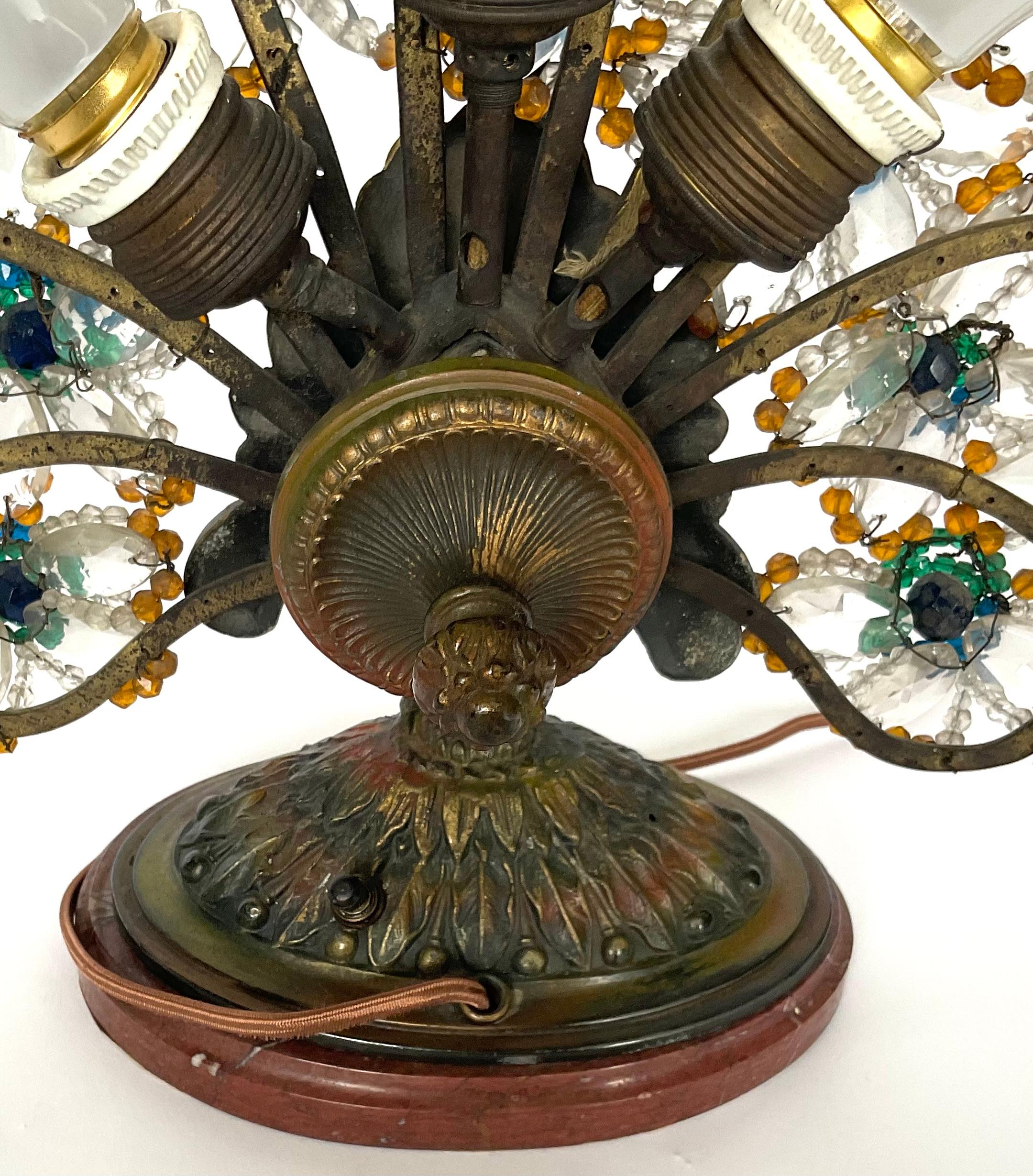 Early 20th Century 1920s Czechoslovakian Peacock Beaded Lamp LARGE Size three bulb on Marble base 