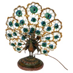 Antique 1920s Czechoslovakian Peacock Beaded Lamp LARGE Size three bulb on Marble base 