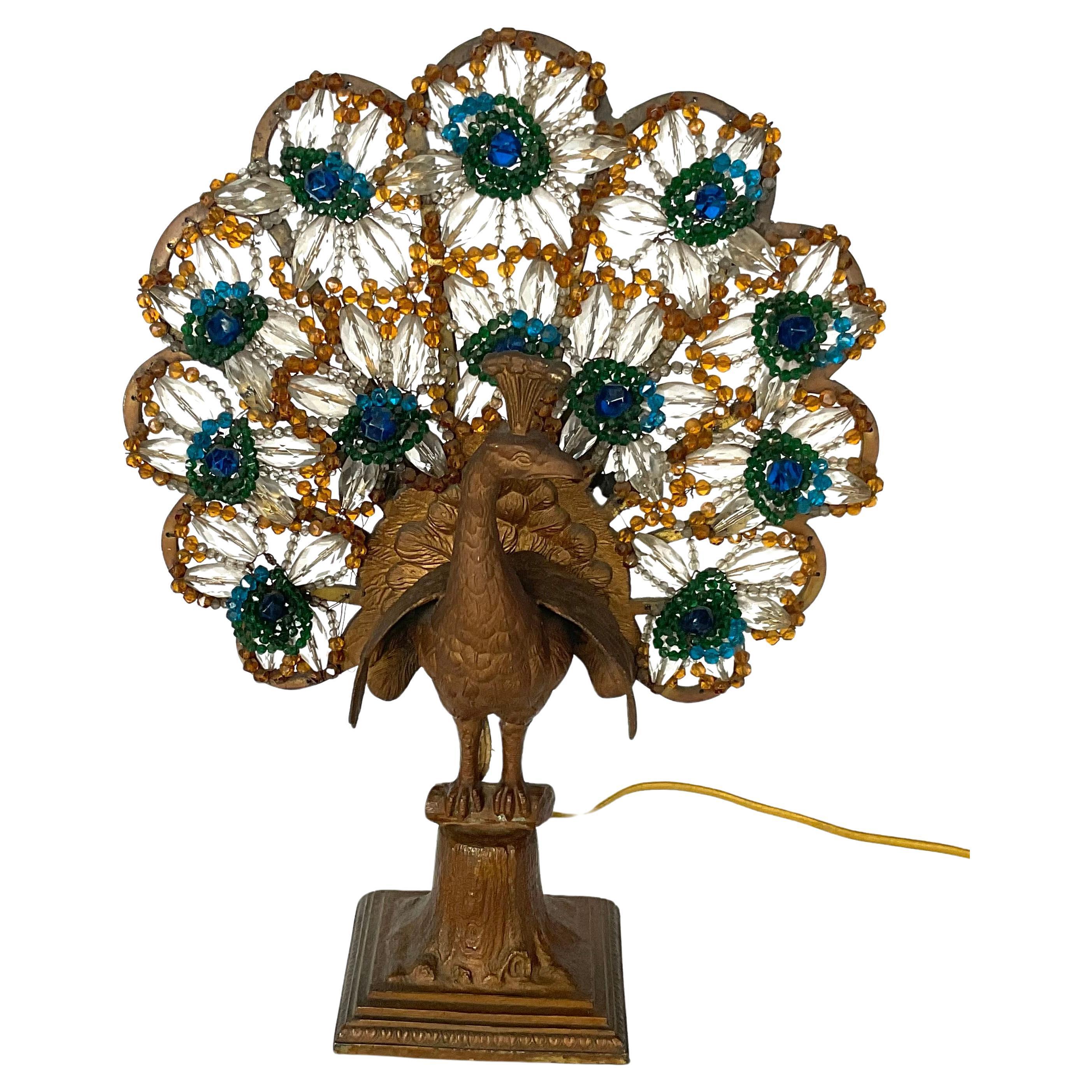 Art Deco 1920s Czechoslovakian Peacock Beaded Lamp two bulb amazing detail 