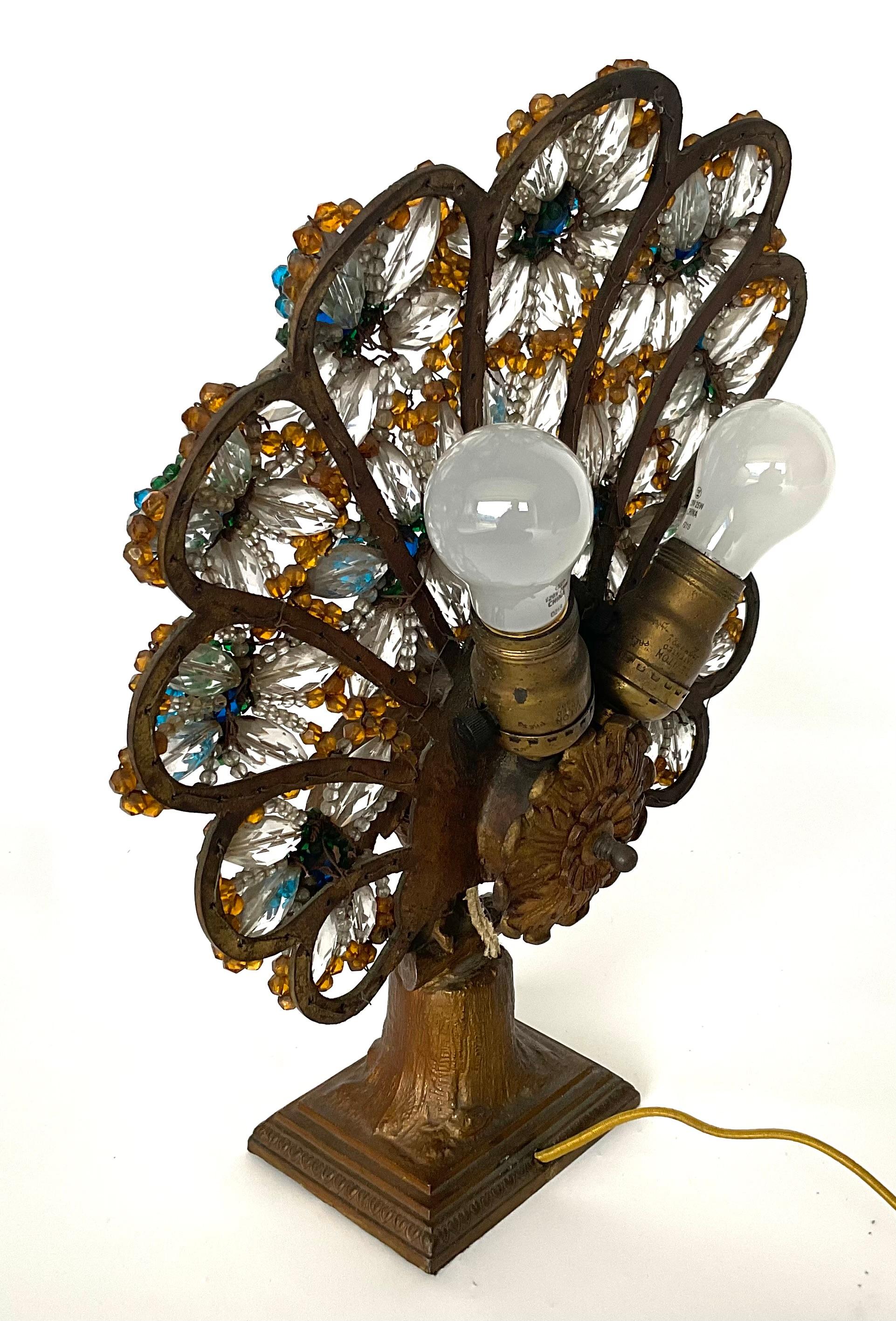 1920s Czechoslovakian Peacock Beaded Lamp two bulb amazing detail  In Good Condition In Ann Arbor, MI