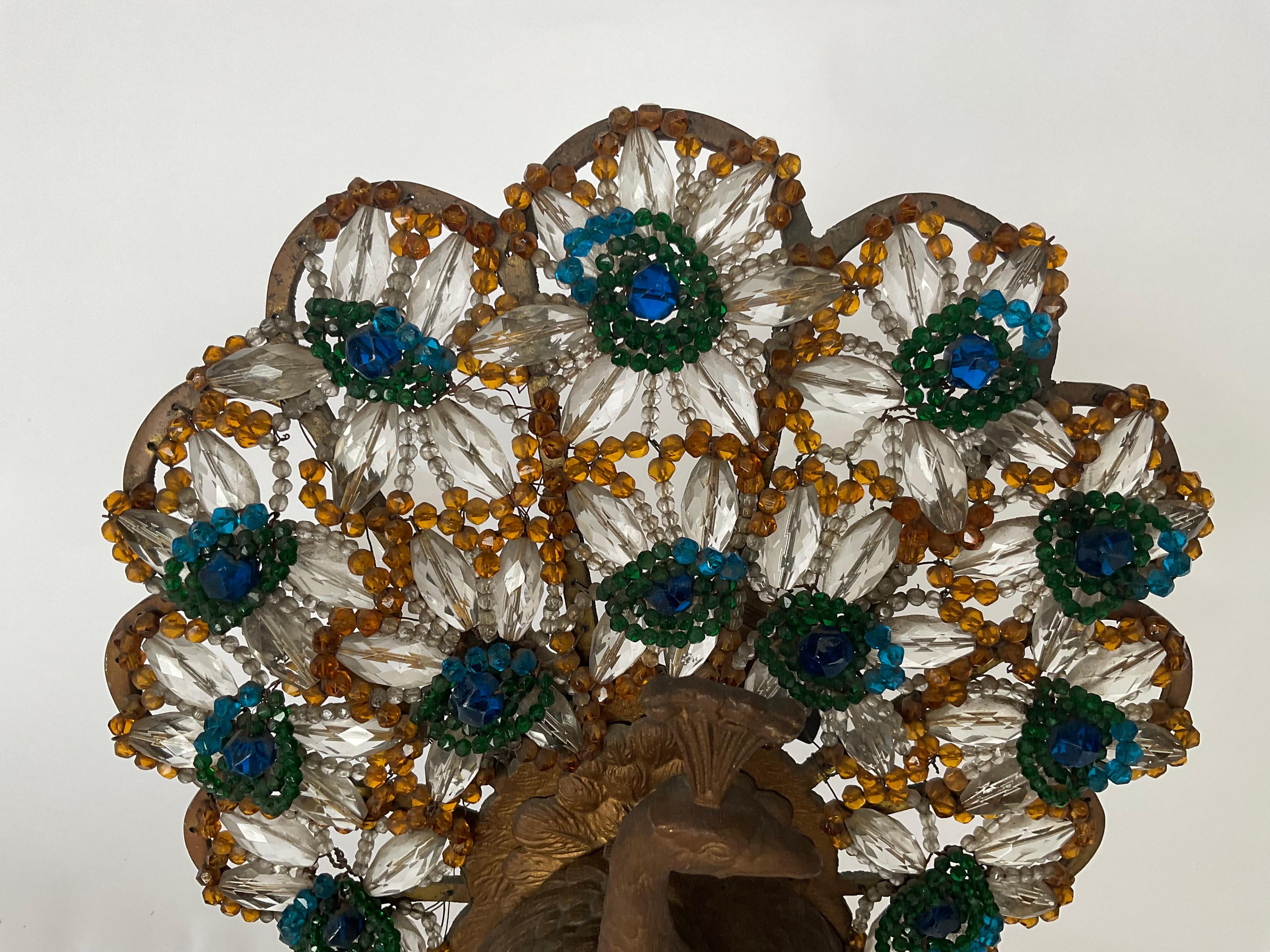 Beads 1920s Czechoslovakian Peacock Beaded Lamp two bulb amazing detail 