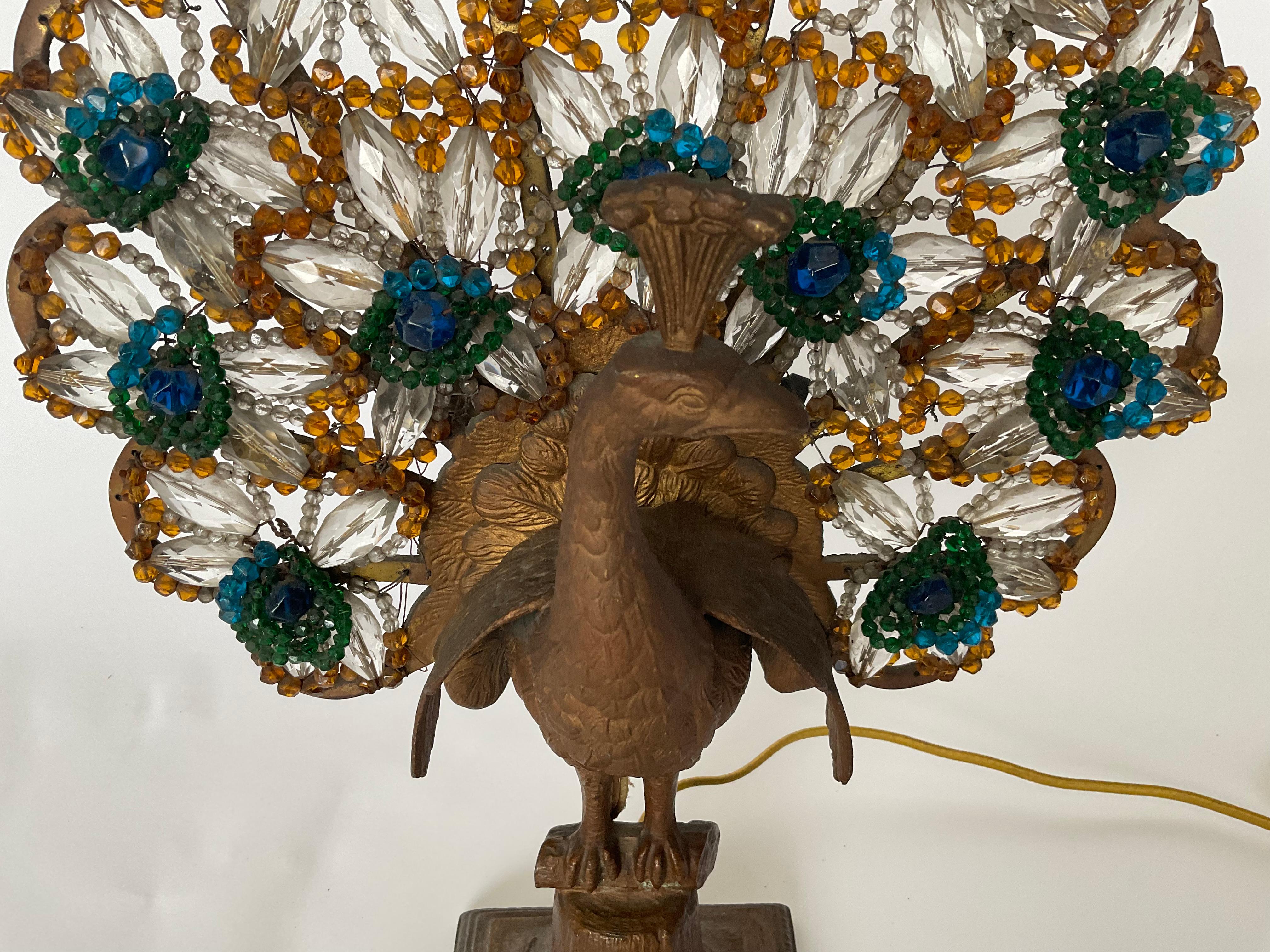 1920s Czechoslovakian Peacock Beaded Lamp two bulb amazing detail  1
