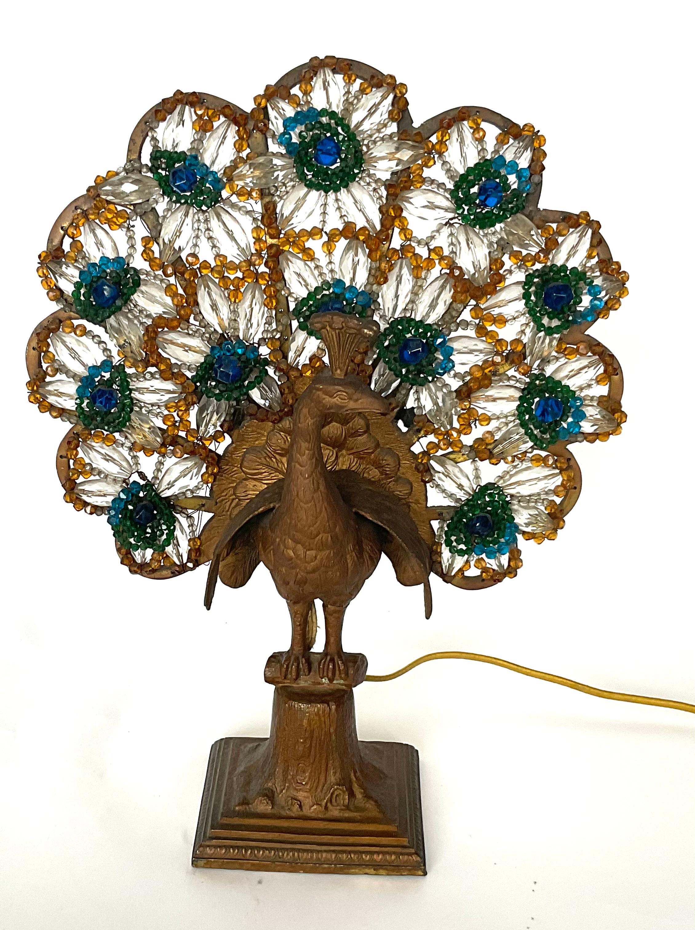 1920s Czechoslovakian Peacock Beaded Lamp two bulb amazing detail  2
