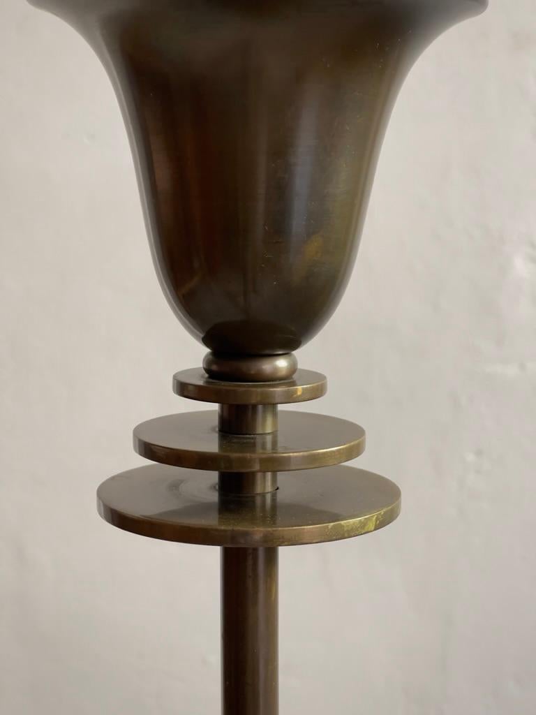 20th Century 1920s Danish art deco floor lamp in solid patinated bronze and linen lamp shade For Sale