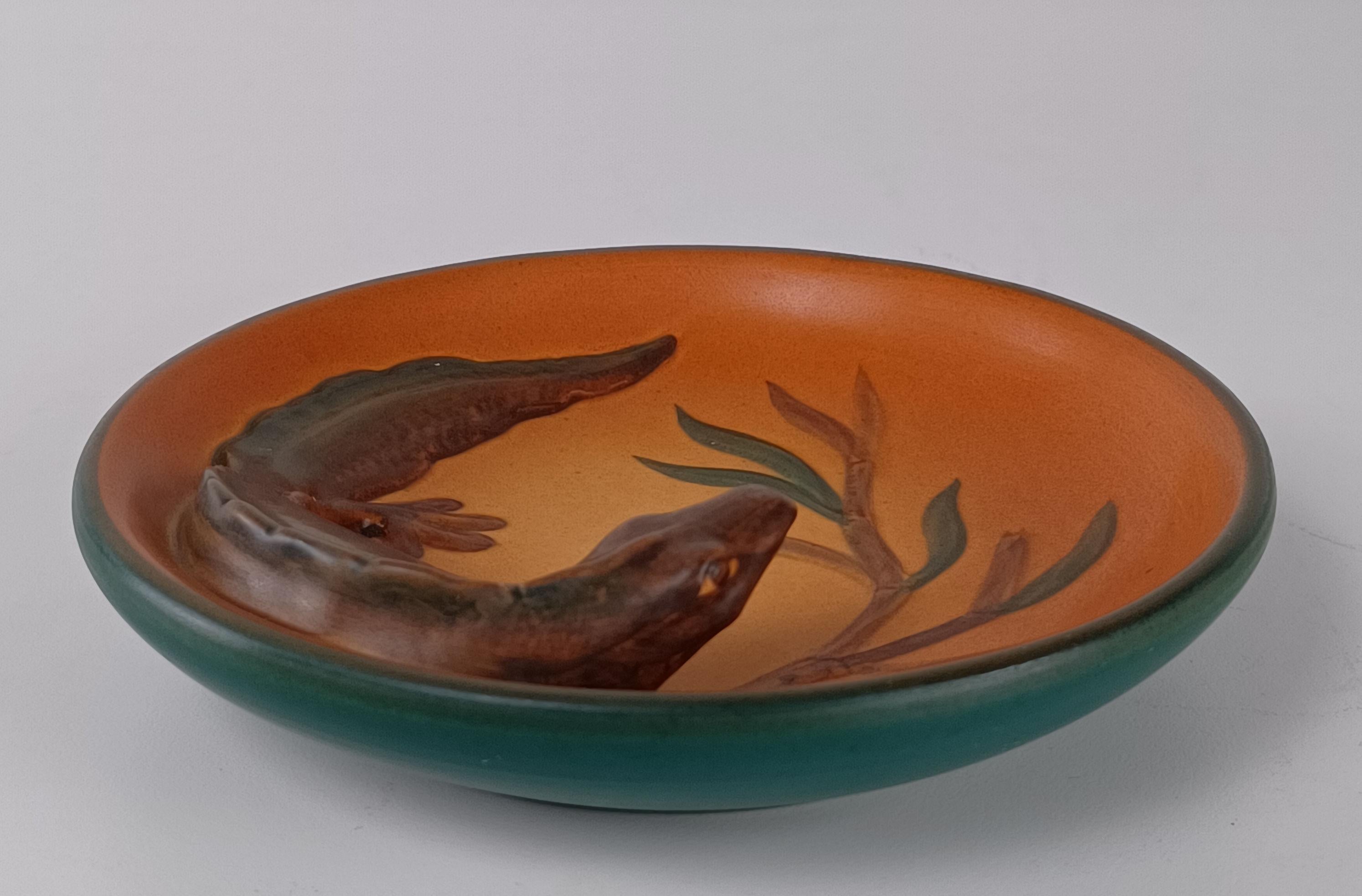Hand-Crafted 1920's Danish Art Nouveau Handcrafted Fish and Salamander Bowls by Ipsens Enke For Sale