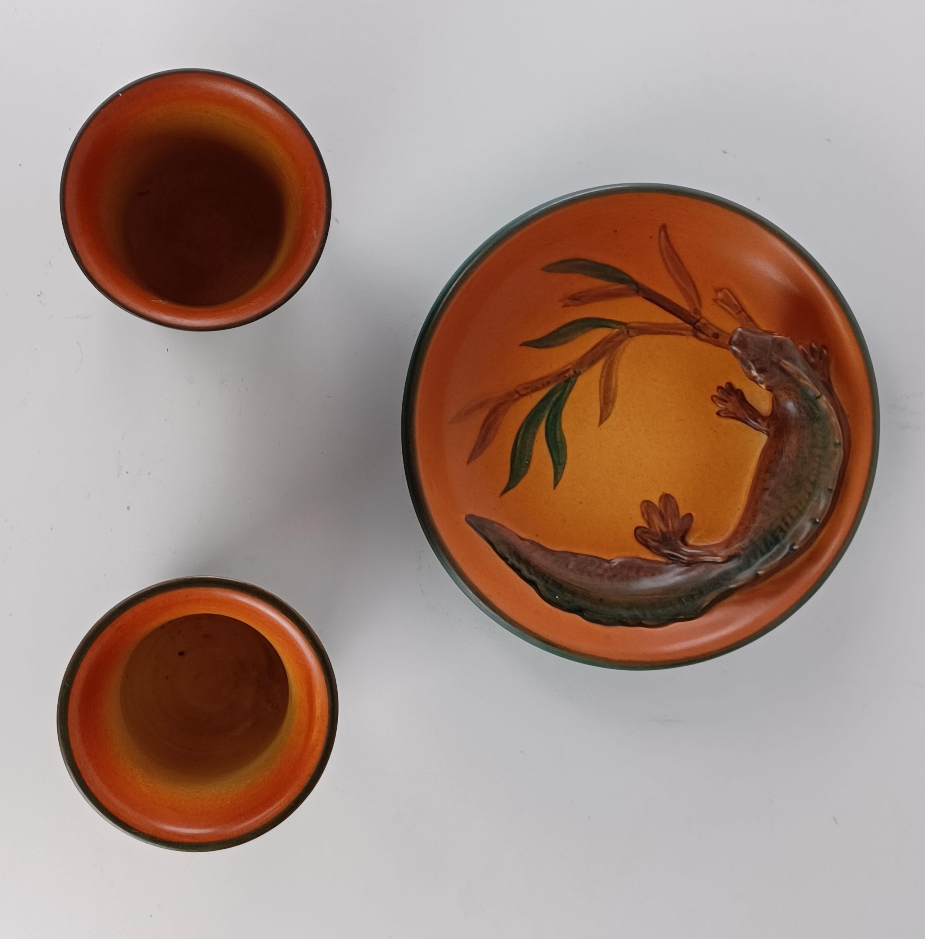 1920's Danish Art Nouveau Handcrafted Fish and Salamander Bowls by Ipsens Enke For Sale 1