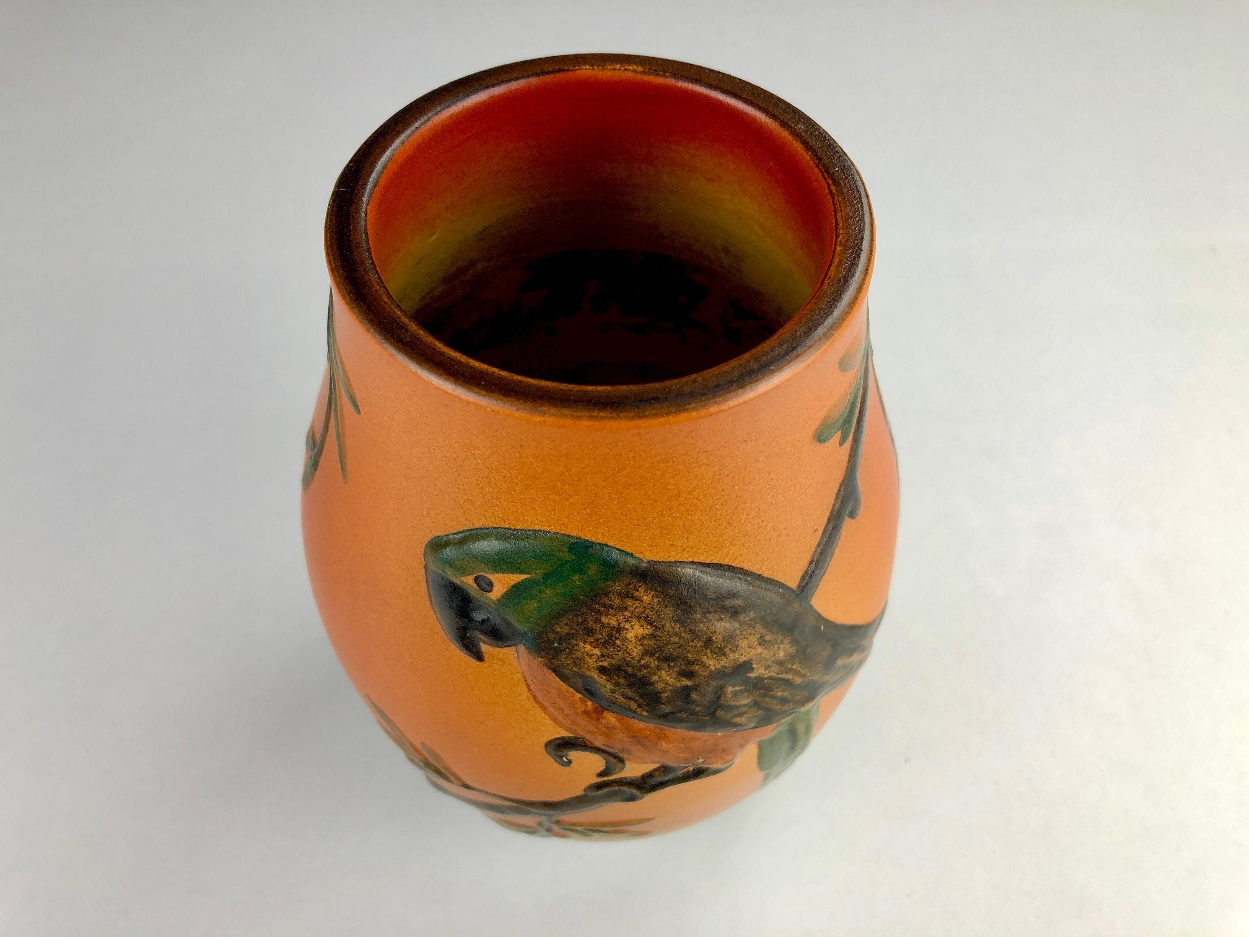 1920's Hand-Crafted Danish Art Nouveau Parrot Decorated Vase by P. Ipsens Enke In Good Condition In Knebel, DK