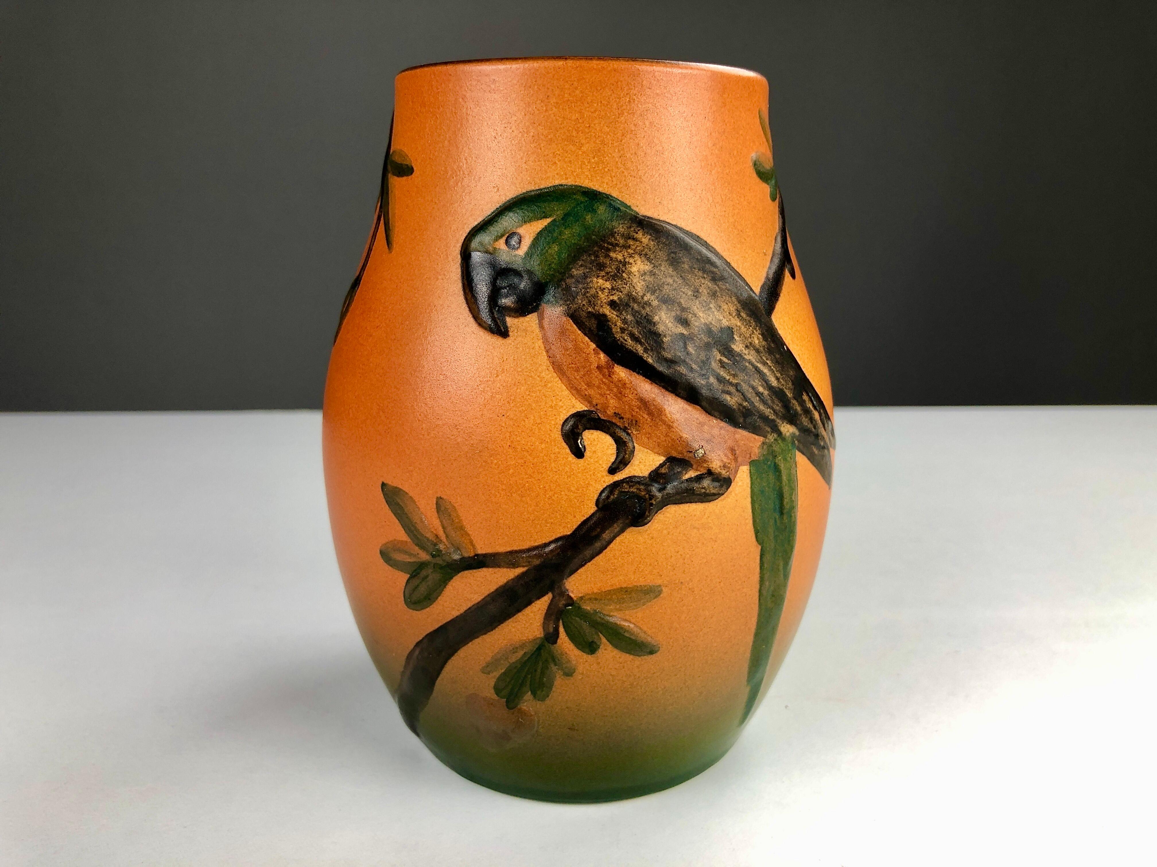 Early 20th Century 1920's Hand-Crafted Danish Art Nouveau Parrot Decorated Vase by P. Ipsens Enke