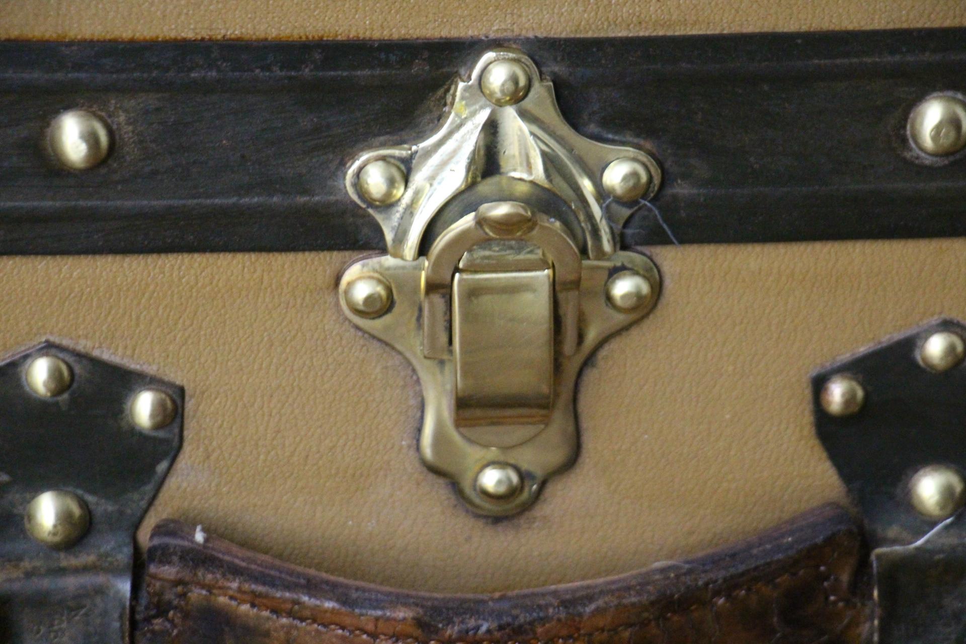 Brass 1920s Dark Beige Moynat Steamer Trunk, Moynat Trunk