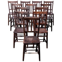 1920s Dark Elm Church, Chapel Dining Chairs, Set of Eight