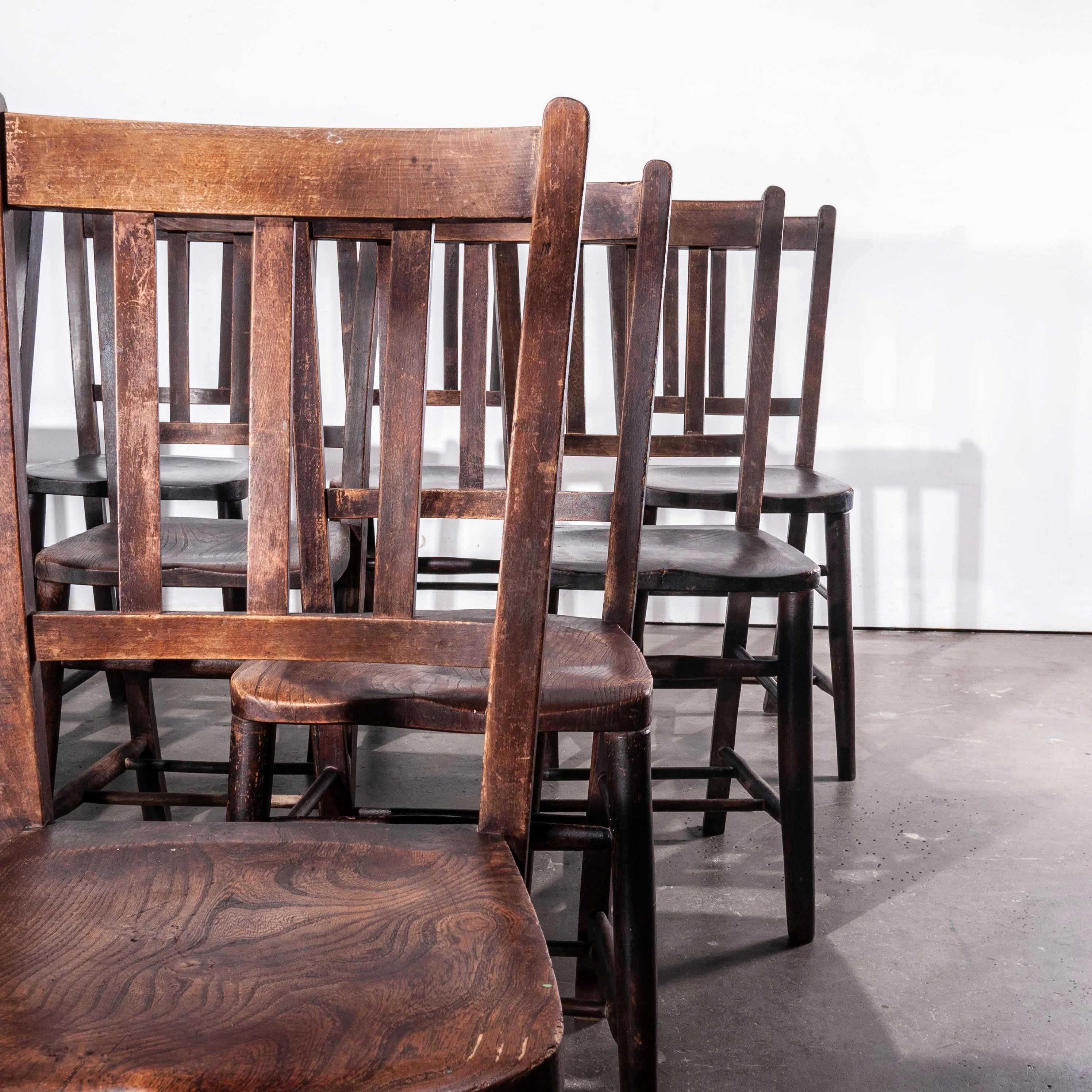 1920s dark elm church, chapel dining chairs, set of twelve

1920s elm church - chapel dining chairs - set of twelve. England has a wonderfully rich heritage for making chairs. At the height of production at the turn of the last century over 4500