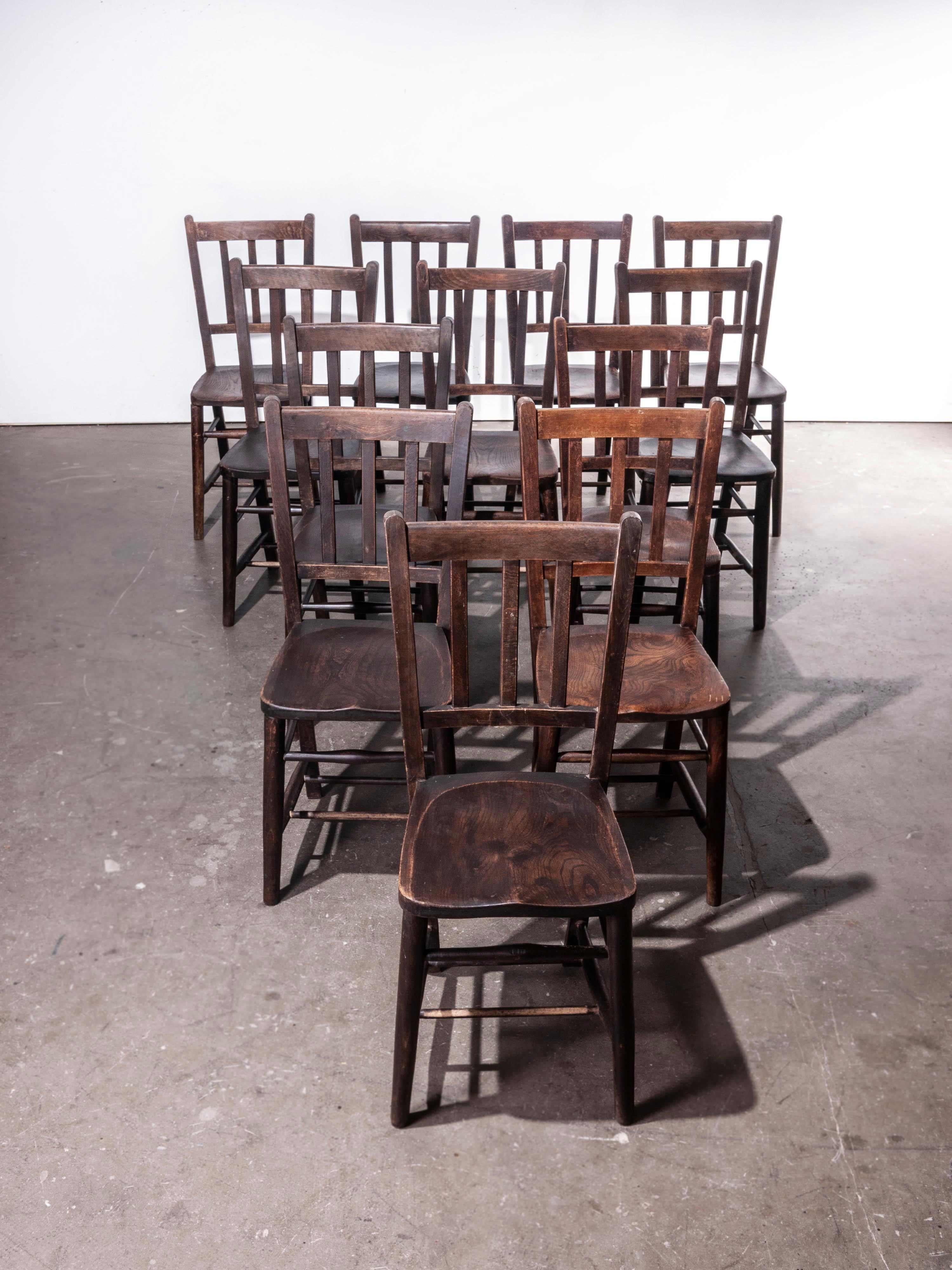 1920s Dark Elm Church, Chapel Dining Chairs, Set of Twelve In Good Condition In Hook, Hampshire
