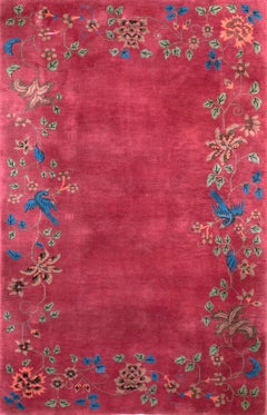 1920s Dark Pink Minimalist Floral Border Chinese Art Deco Rug 5'x7'6" Carpet
